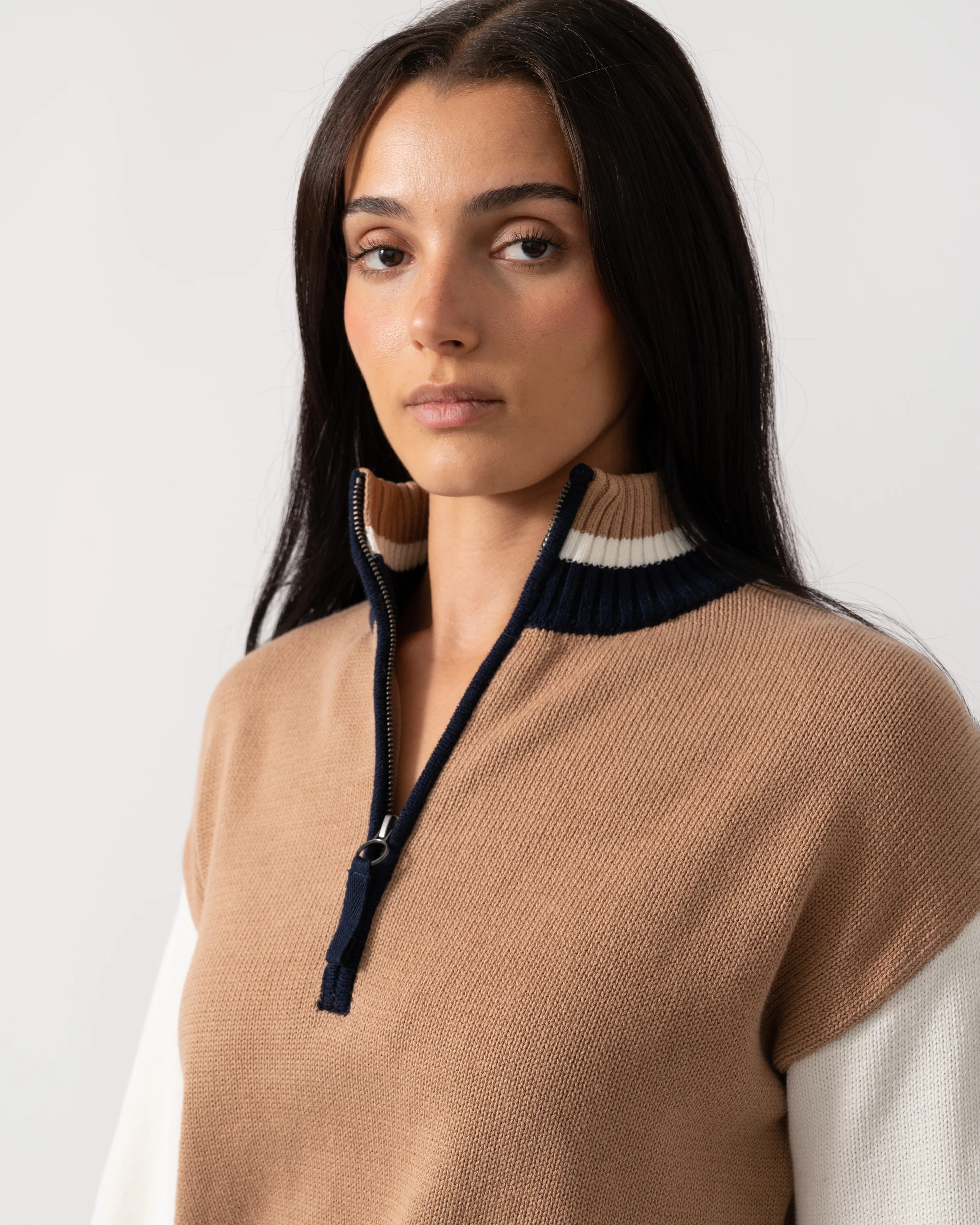 Joules Varsity Zip Womens 1/4 Zip Jumper - Tan Brown - Image 3