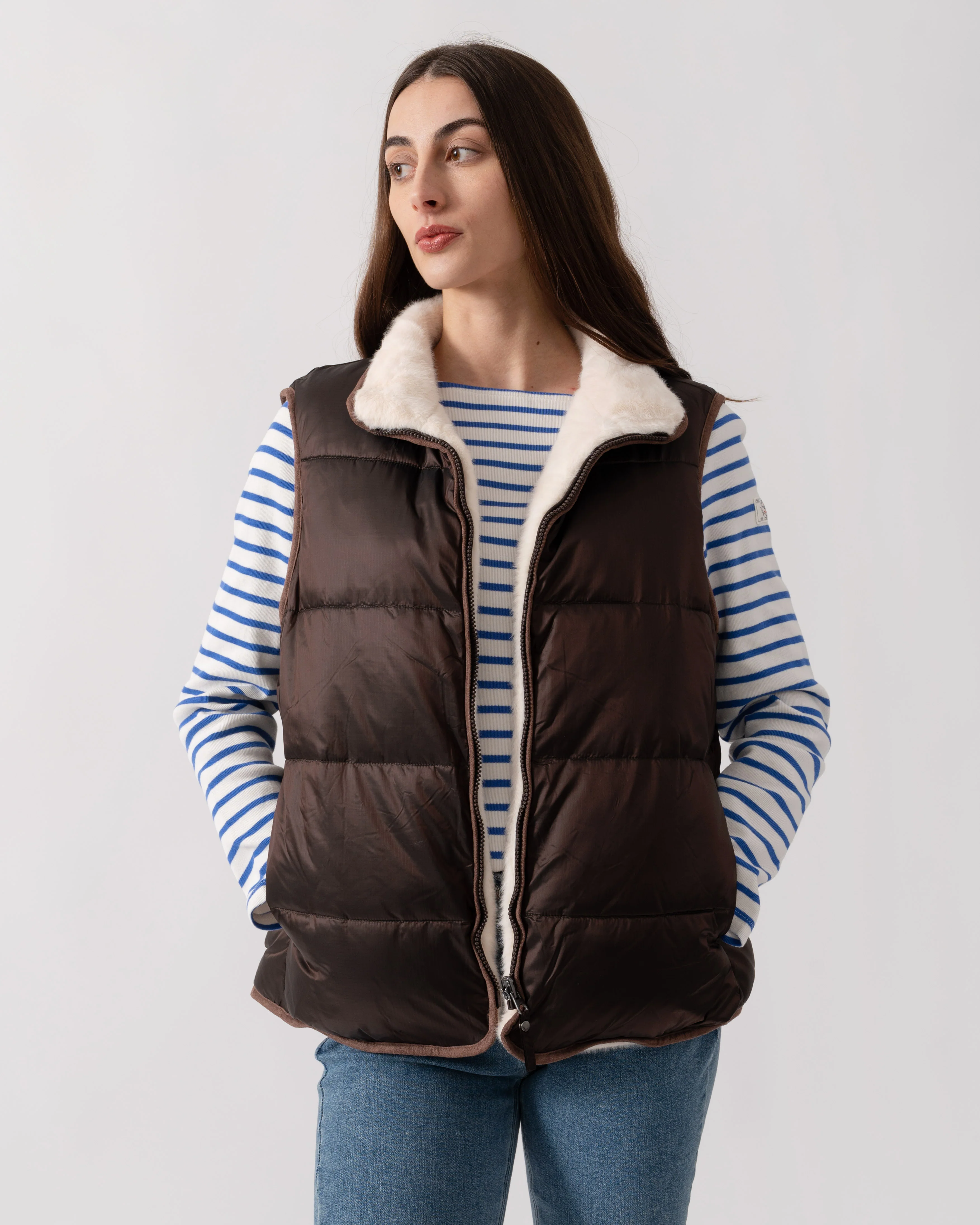 Joules Womens Reversible Faux Fur Gilet - Brown/Cream