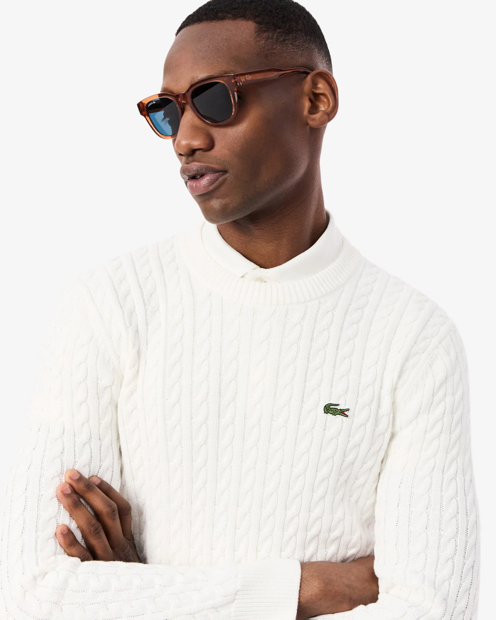 Lacoste Cable Knit Mens Cotton Jumper - Flour/Green - Image 2