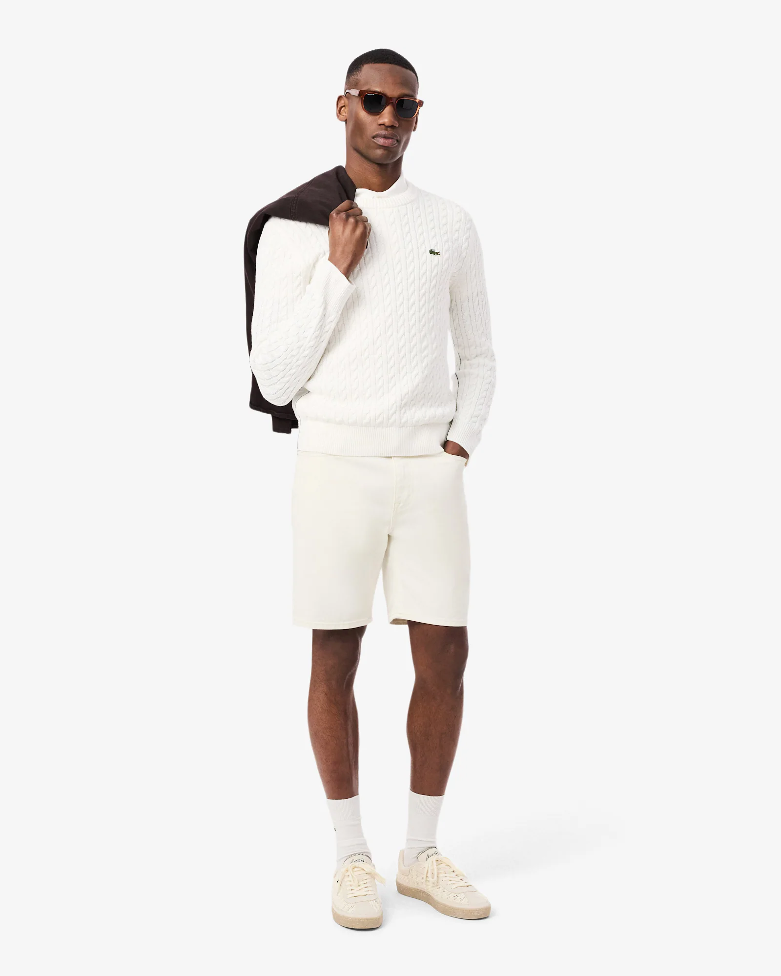 Lacoste Cable Knit Mens Cotton Jumper - Flour/Green - Image 3