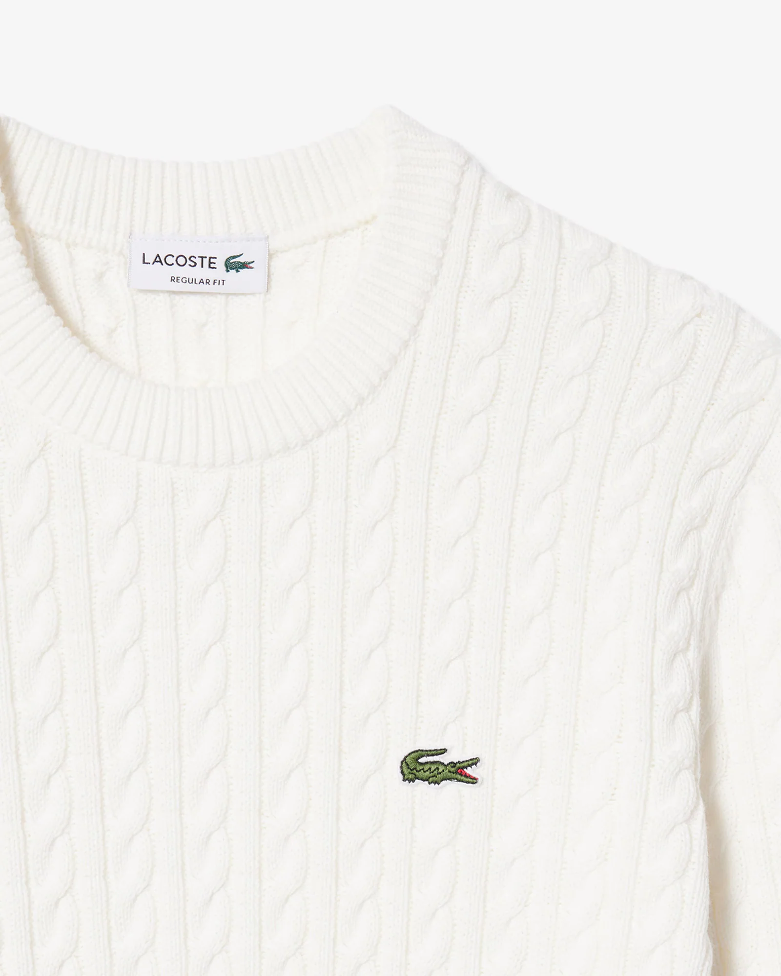 Lacoste Cable Knit Mens Cotton Jumper - Flour/Green - Image 5