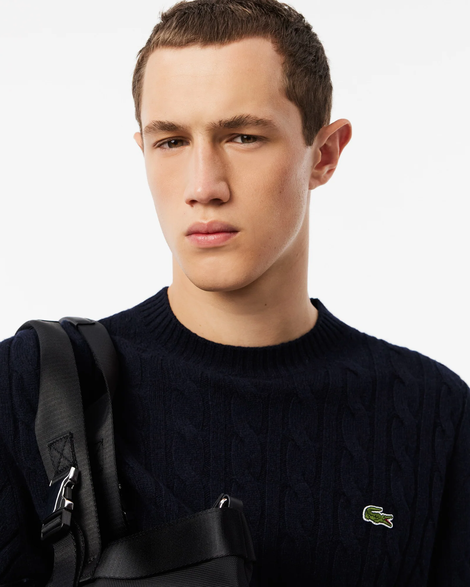 Lacoste Carded Wool Cable Knit Crew Neck Mens Sweater - Navy Blue 166 - Image 2