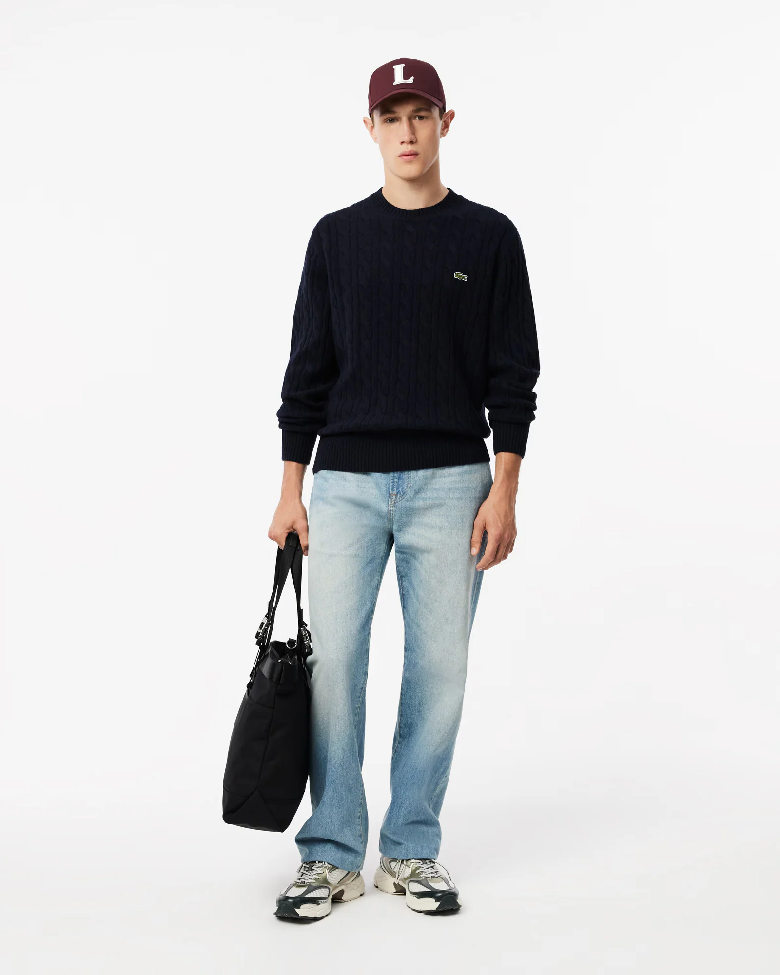 Lacoste Carded Wool Cable Knit Crew Neck Mens Sweater - Navy Blue 166 - Image 3