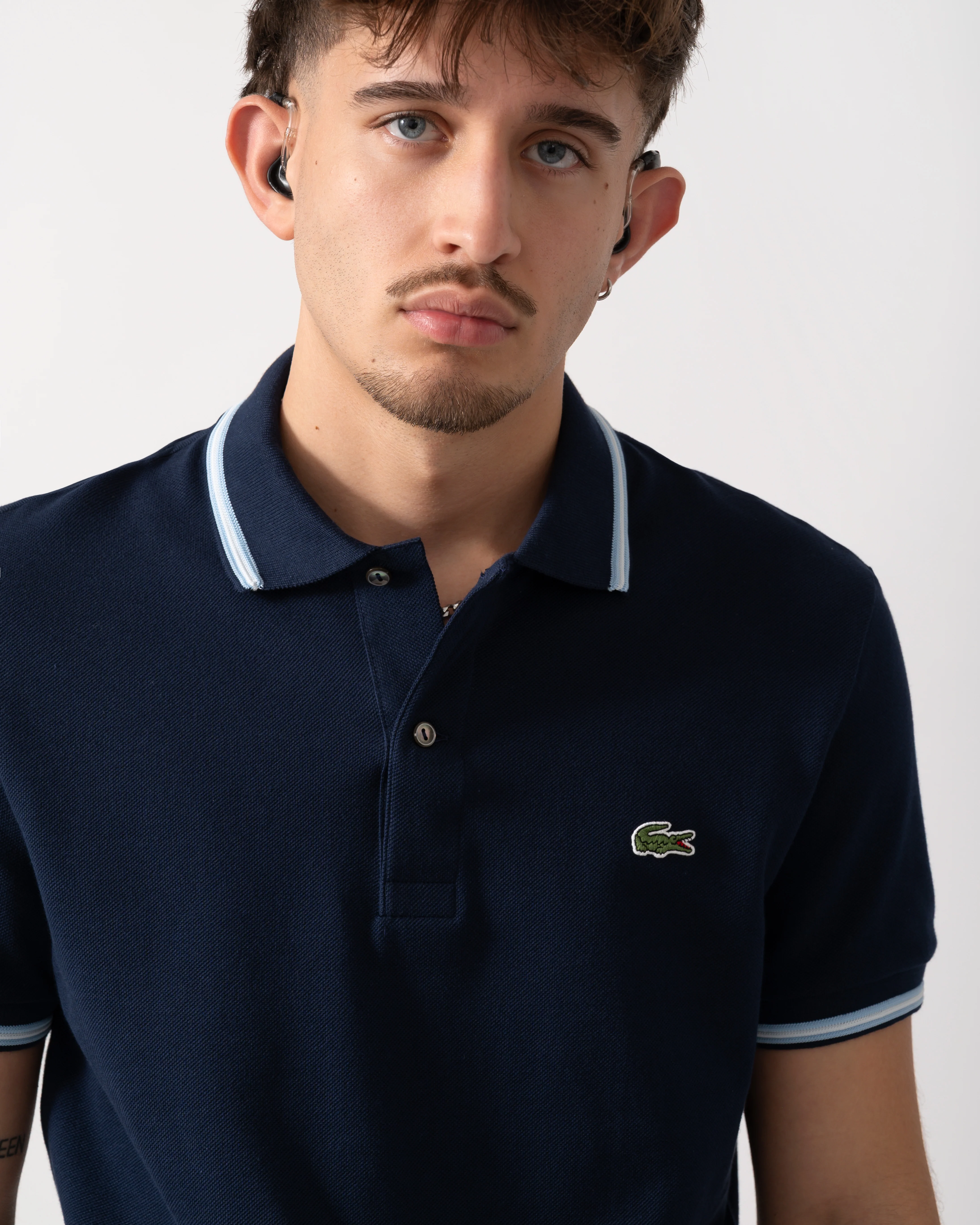 Lacoste Contrast Collar Pique Mens Regular Fit Polo Shirt - Navy Blue - Image 3