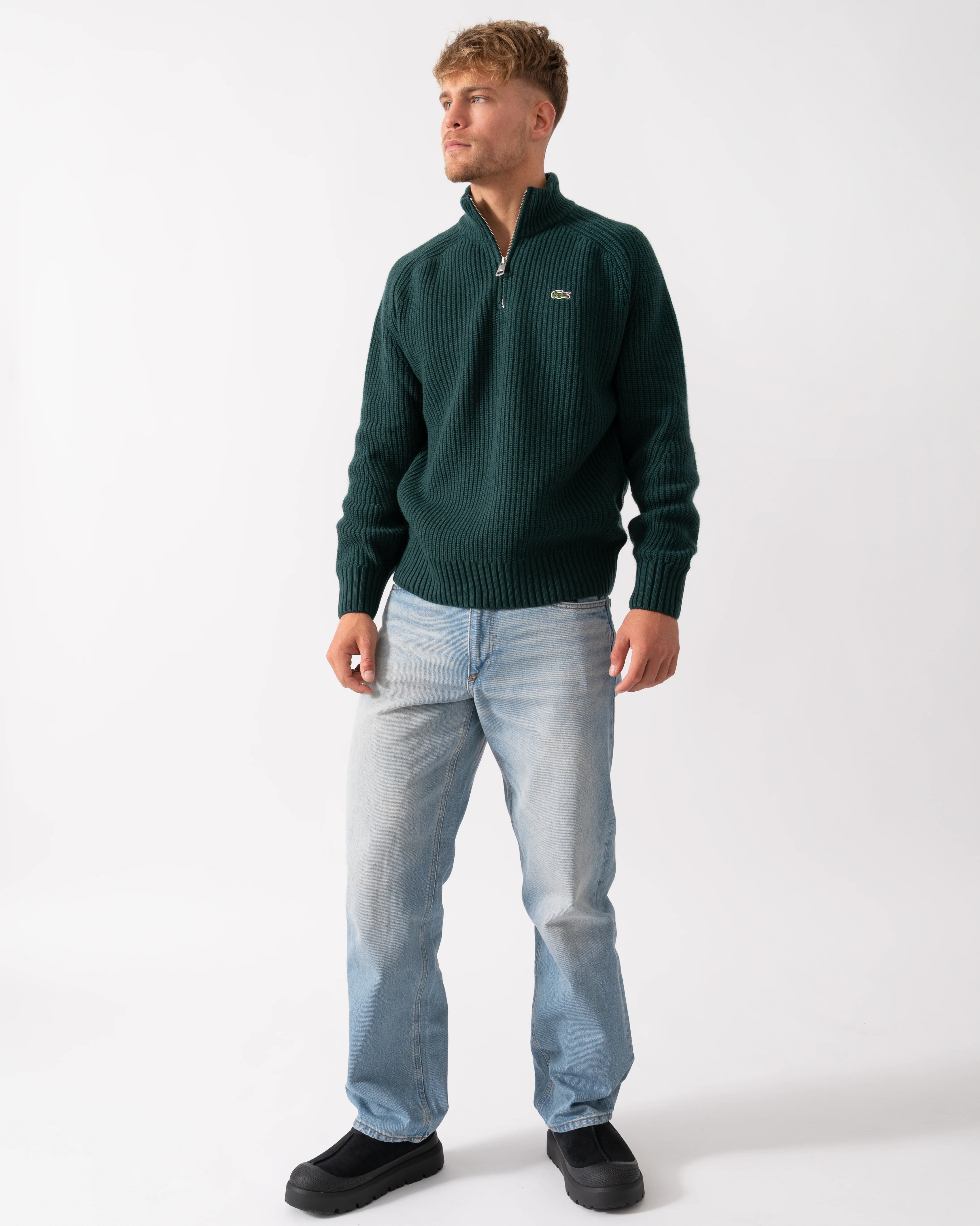 Lacoste High Zip Neck Thick Rib Knit Mens Wool Sweater - Sinople YZP - Image 2