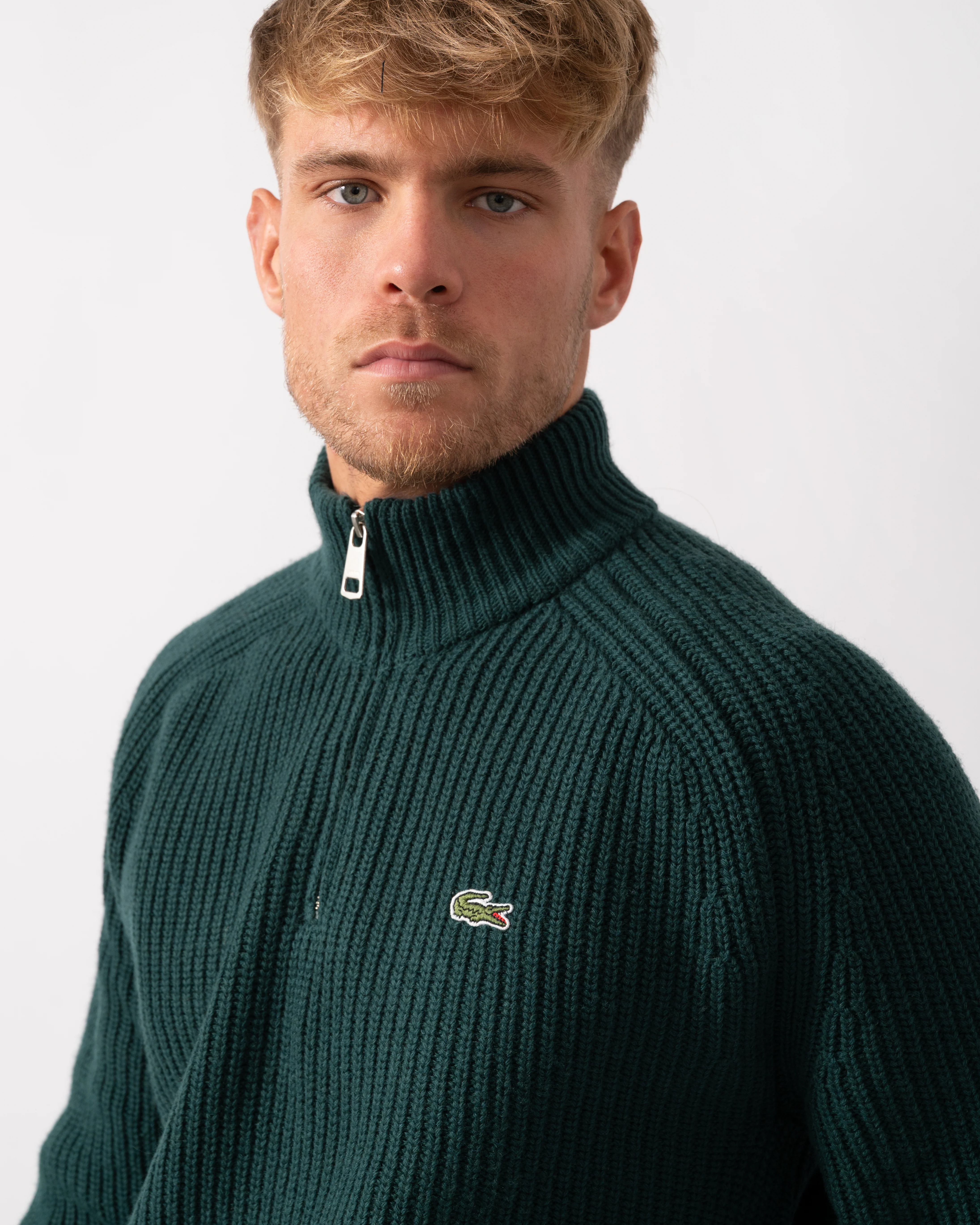 Lacoste High Zip Neck Thick Rib Knit Mens Wool Sweater - Sinople YZP - Image 3