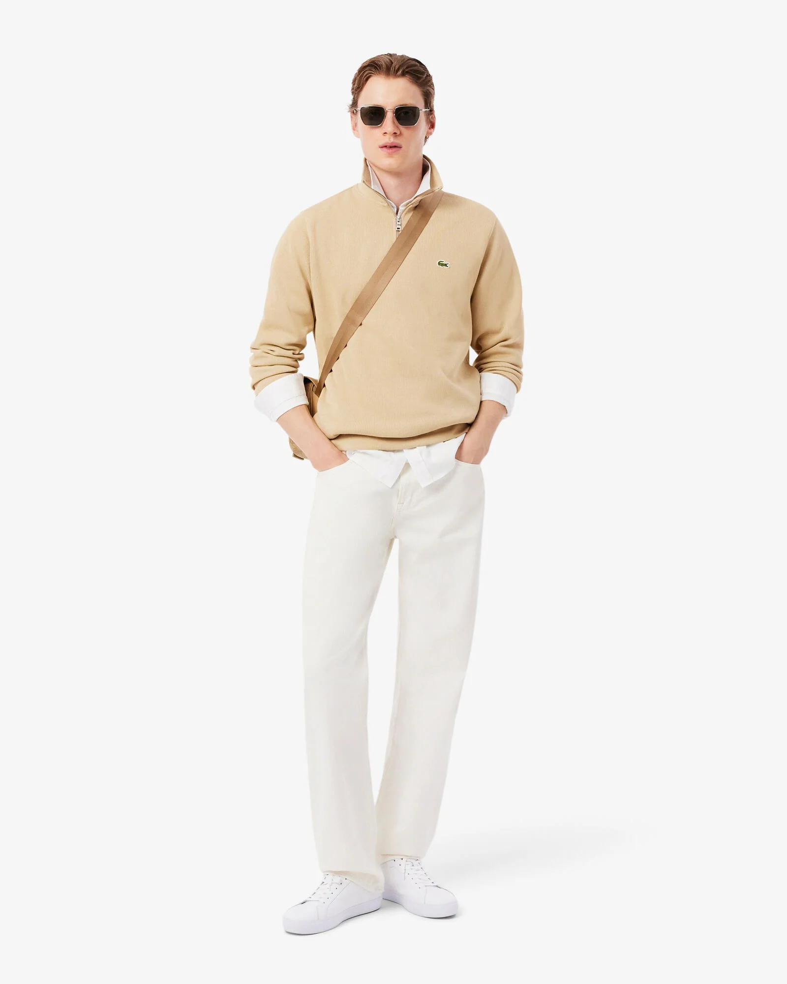 Lacoste Zippered Stand-Up Collar Cotton Sweatshirt - Millet 8XF - Image 3
