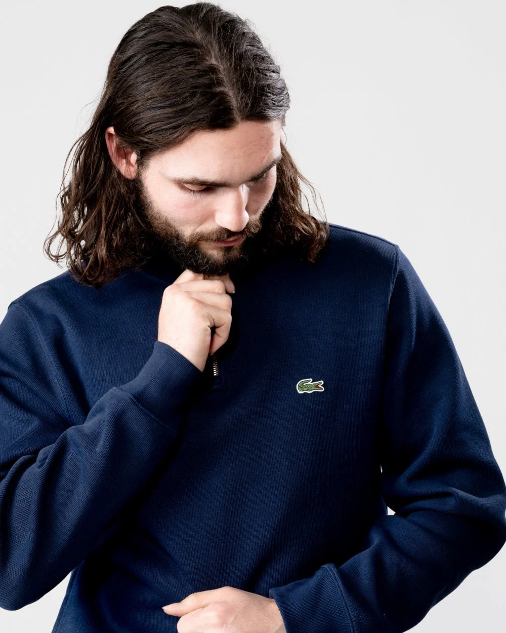 Lacoste Mens Zippered Stand-Up Collar Cotton Sweatshirt - Navy Blue 166 - Image 2
