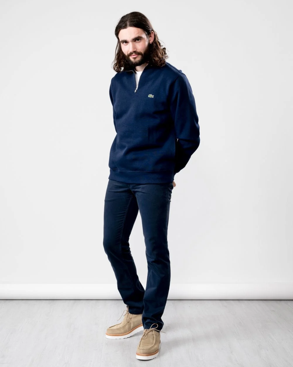 Lacoste Mens Zippered Stand-Up Collar Cotton Sweatshirt - Navy Blue 166 - Image 3