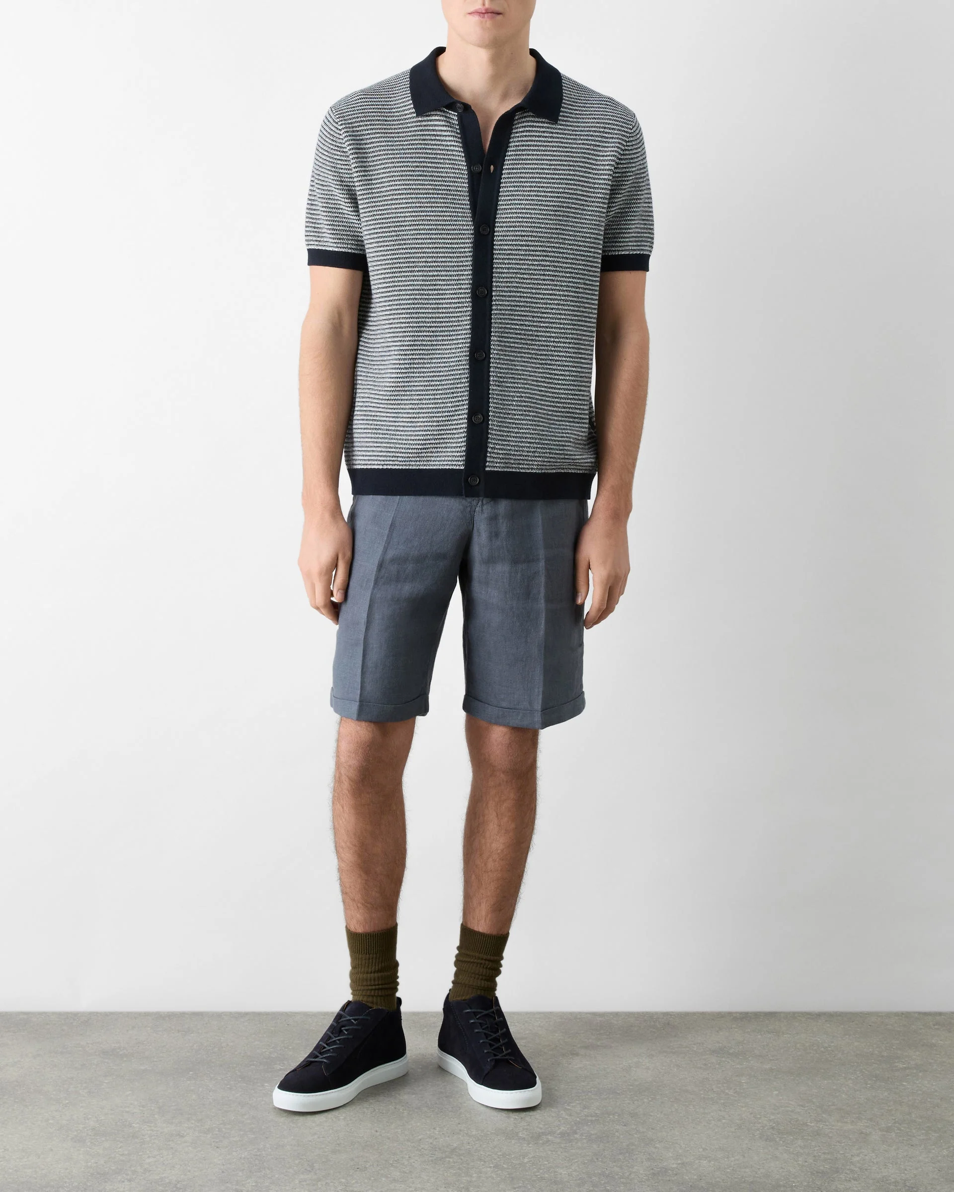 Oliver Sweeney Hessle Mens Knitted Cotton Short-Sleeved Shirt - Navy/Ecru - Image 3