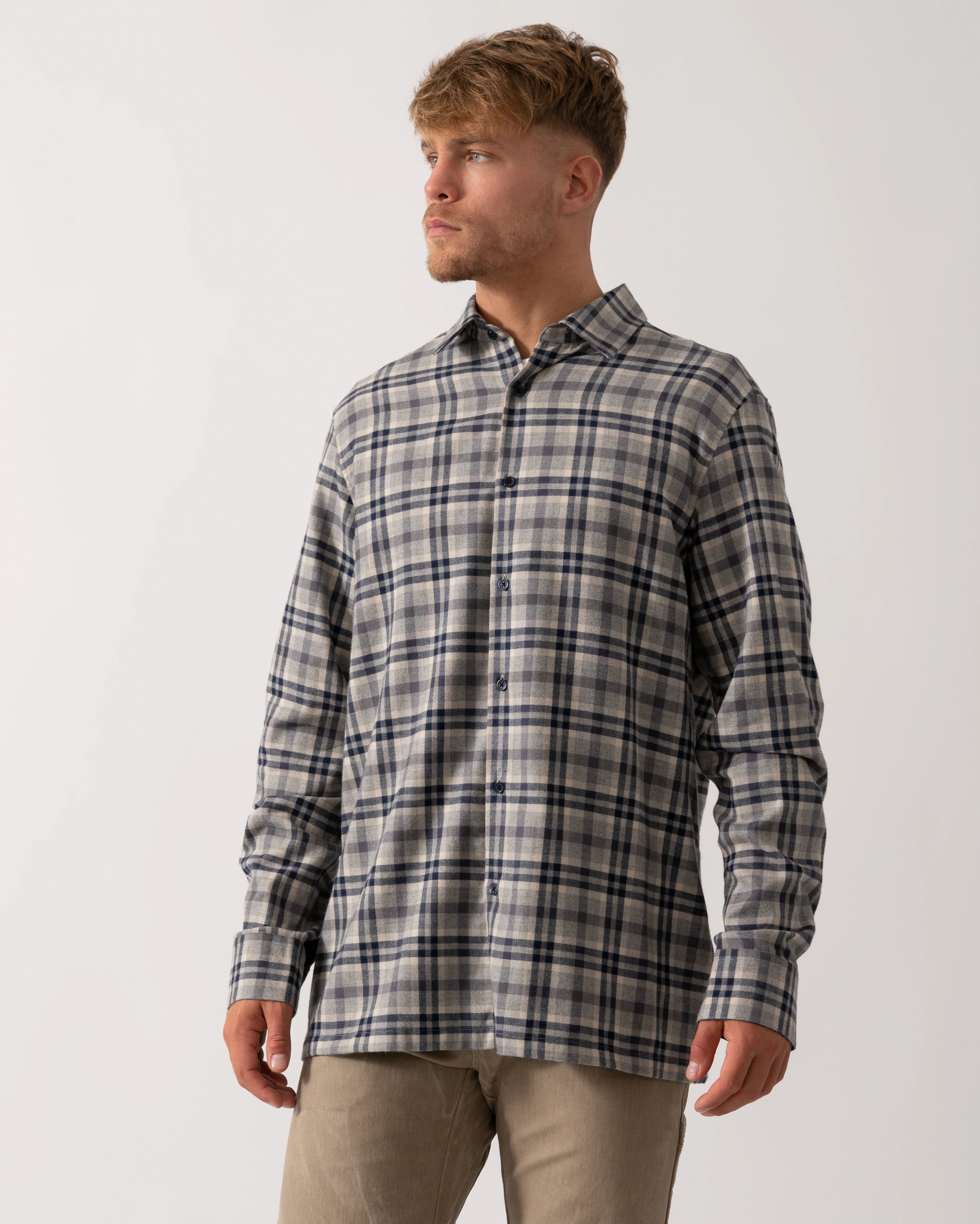 Oliver Sweeney Barnham Mens Long Sleeve Cotton Twill Shirt - Navy/Grey Check - Image 2