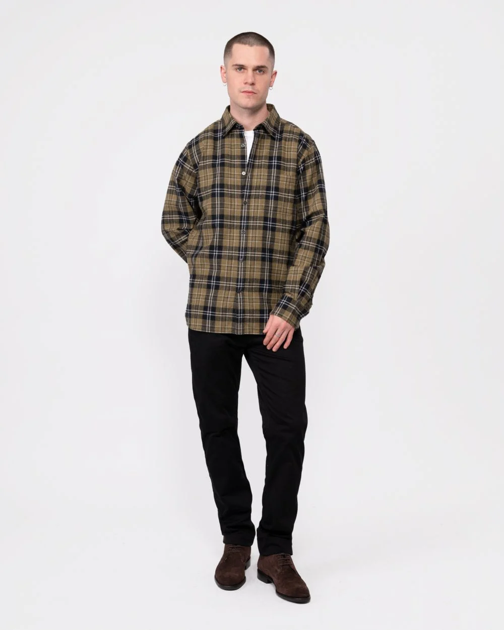 Oliver Sweeney Censo Mens Long Sleeved Brushed Cotton Shirt - Khaki Check - Image 3