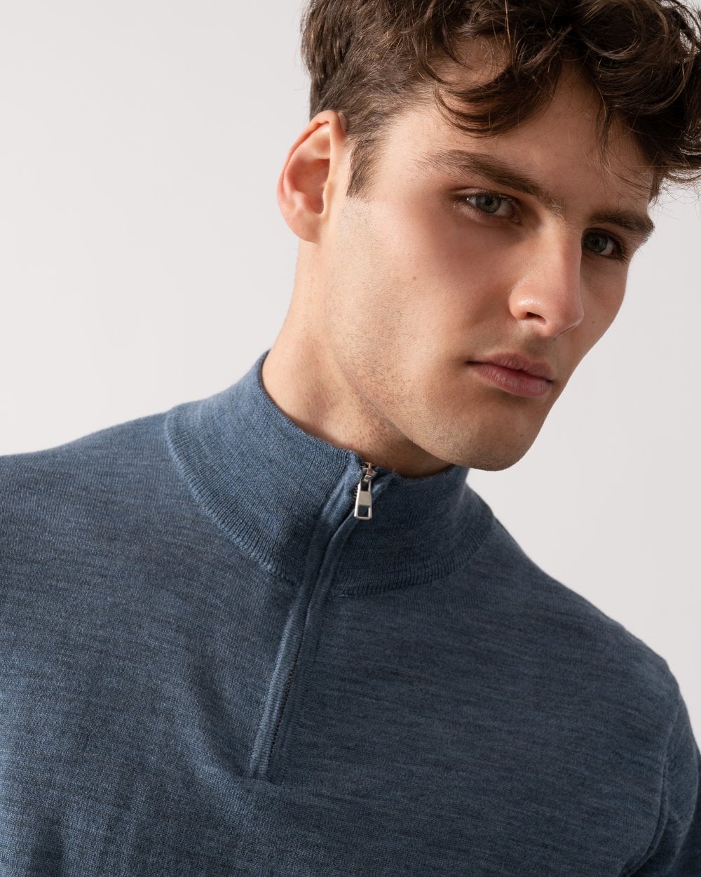 Oliver Sweeney Curragh Mens 1/4 Zip Funnel Neck Merino Wool Jumper - Mid Blue - Image 2