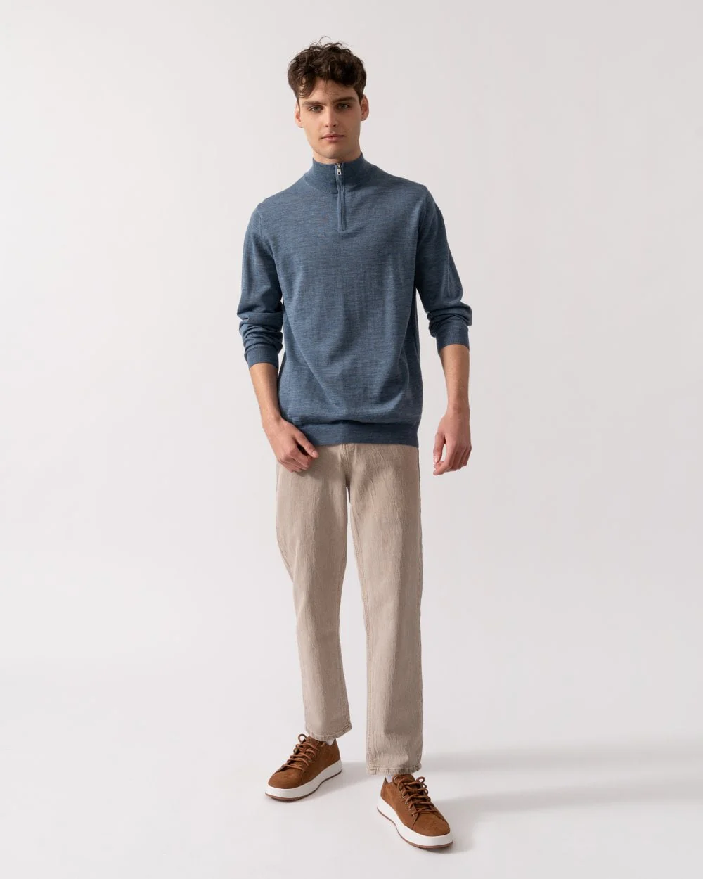 Oliver Sweeney Curragh Mens 1/4 Zip Funnel Neck Merino Wool Jumper - Mid Blue - Image 3