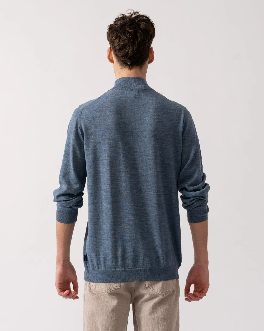 Oliver Sweeney Curragh Mens 1/4 Zip Funnel Neck Merino Wool Jumper - Mid Blue - Image 4