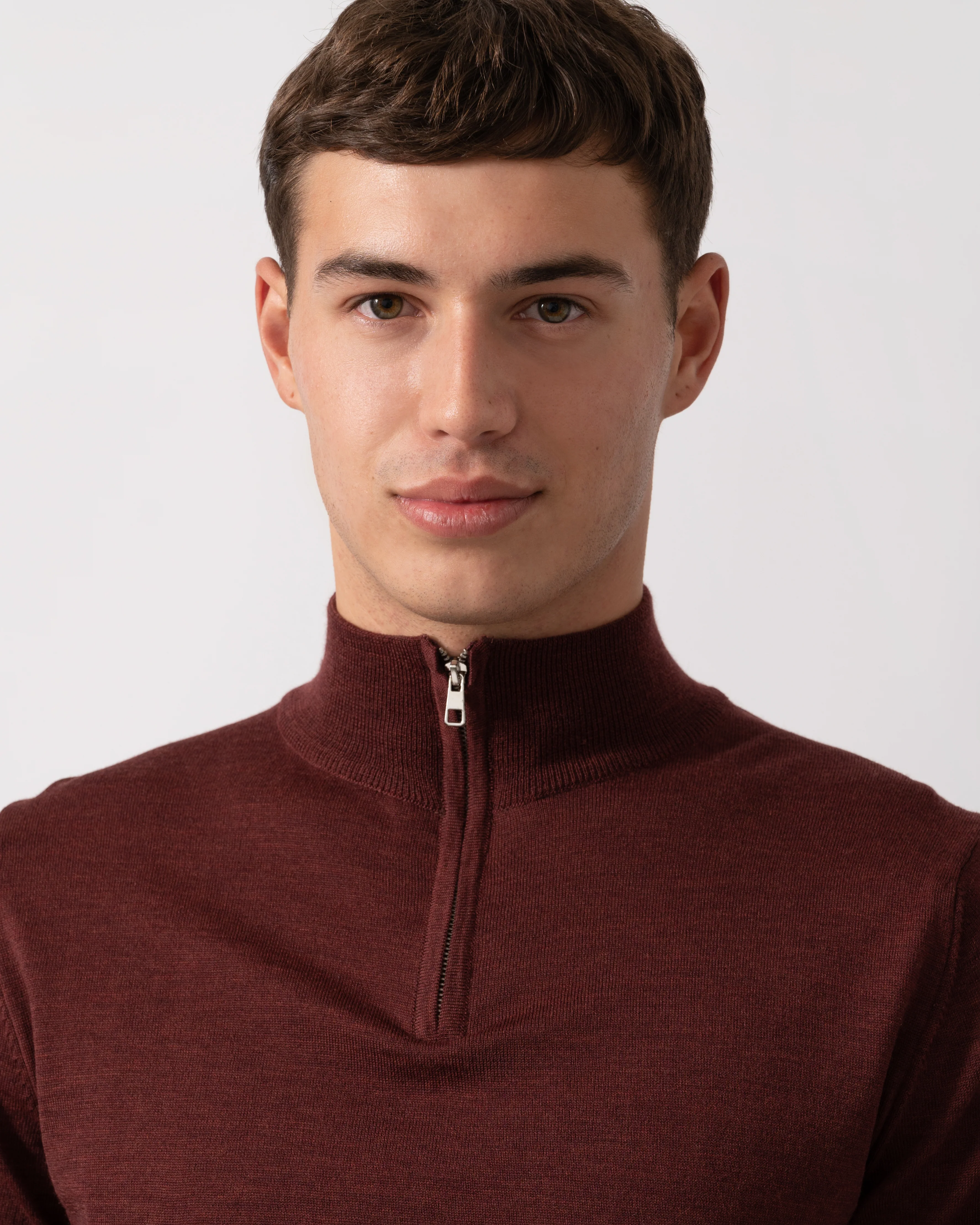 Oliver Sweeney Curragh Mens 1/4 Zip Funnel Neck Merino Wool Jumper - Mulberry Marl - Image 3