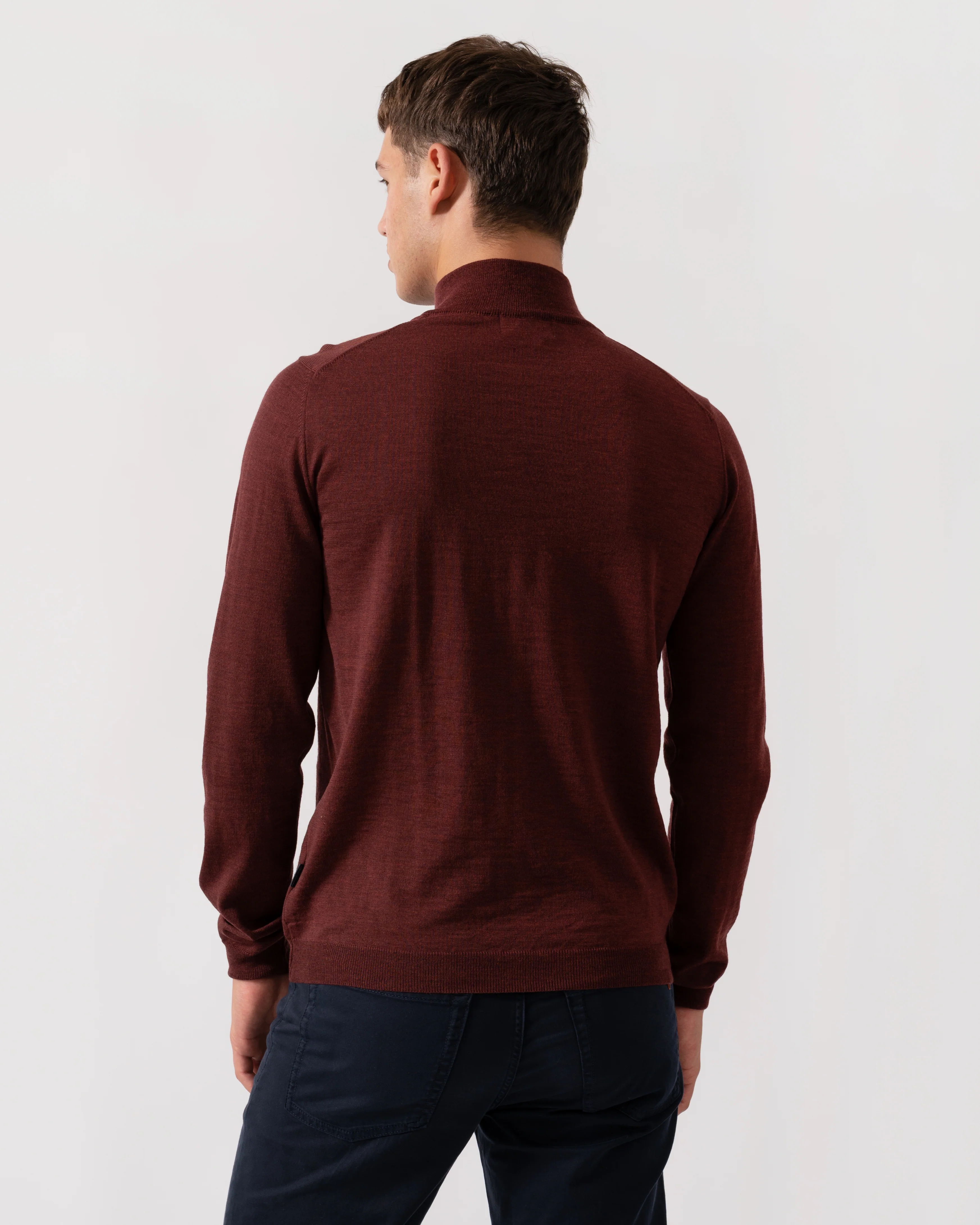 Oliver Sweeney Curragh Mens 1/4 Zip Funnel Neck Merino Wool Jumper - Mulberry Marl - Image 4
