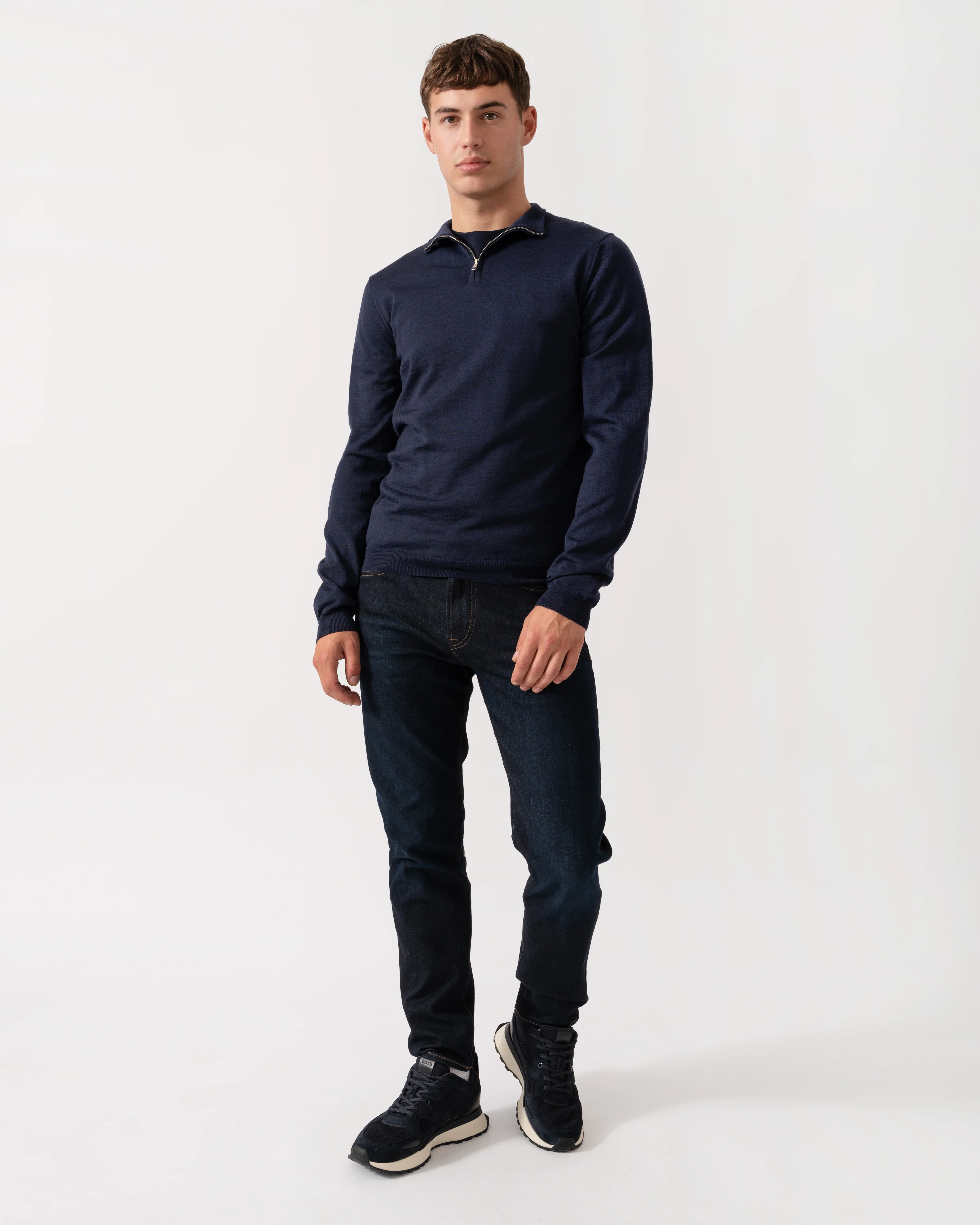 Oliver Sweeney Curragh Mens 1/4 Zip Funnel Neck Merino Wool Jumper - Navy Marl - Image 3