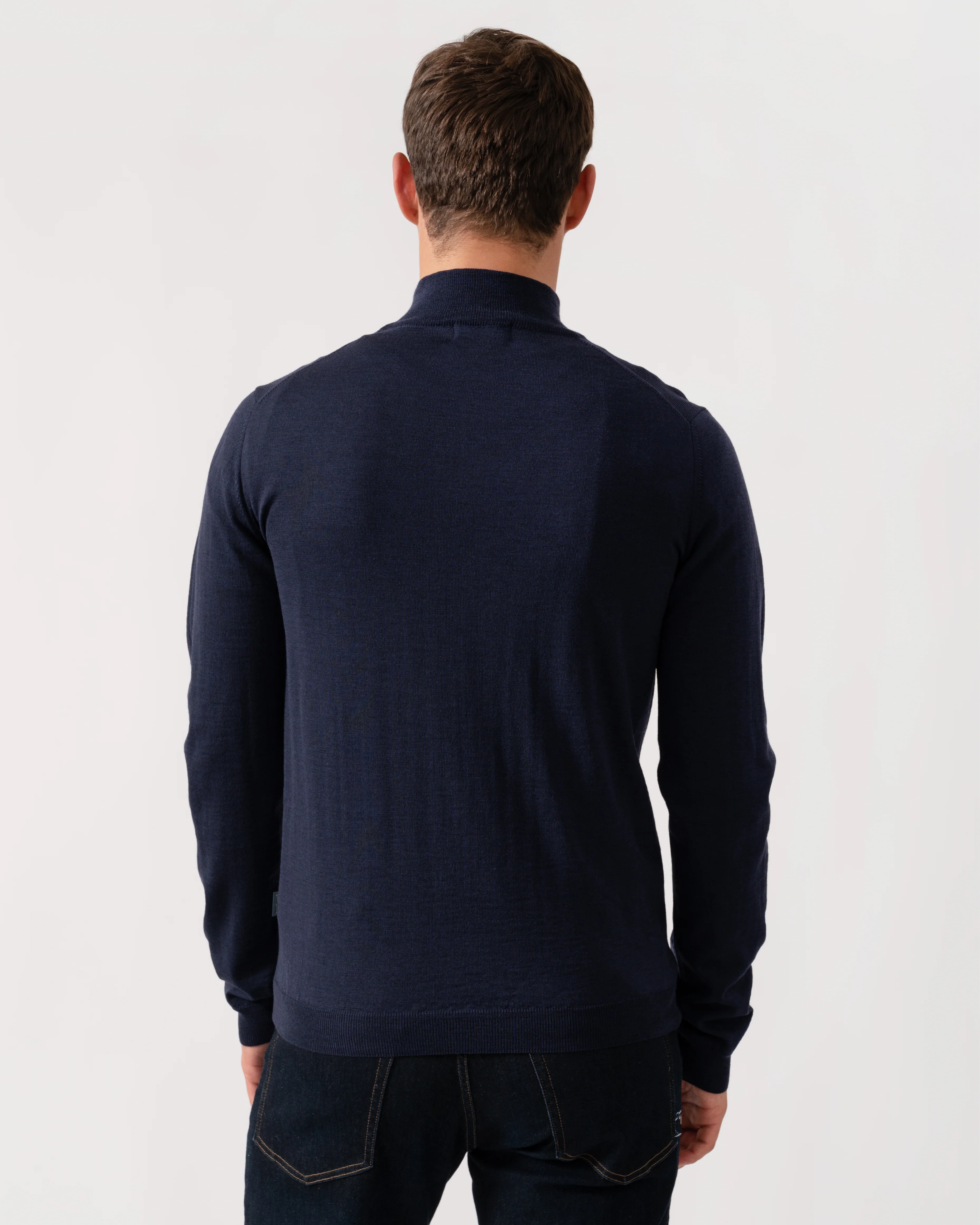 Oliver Sweeney Curragh Mens 1/4 Zip Funnel Neck Merino Wool Jumper - Navy Marl - Image 4