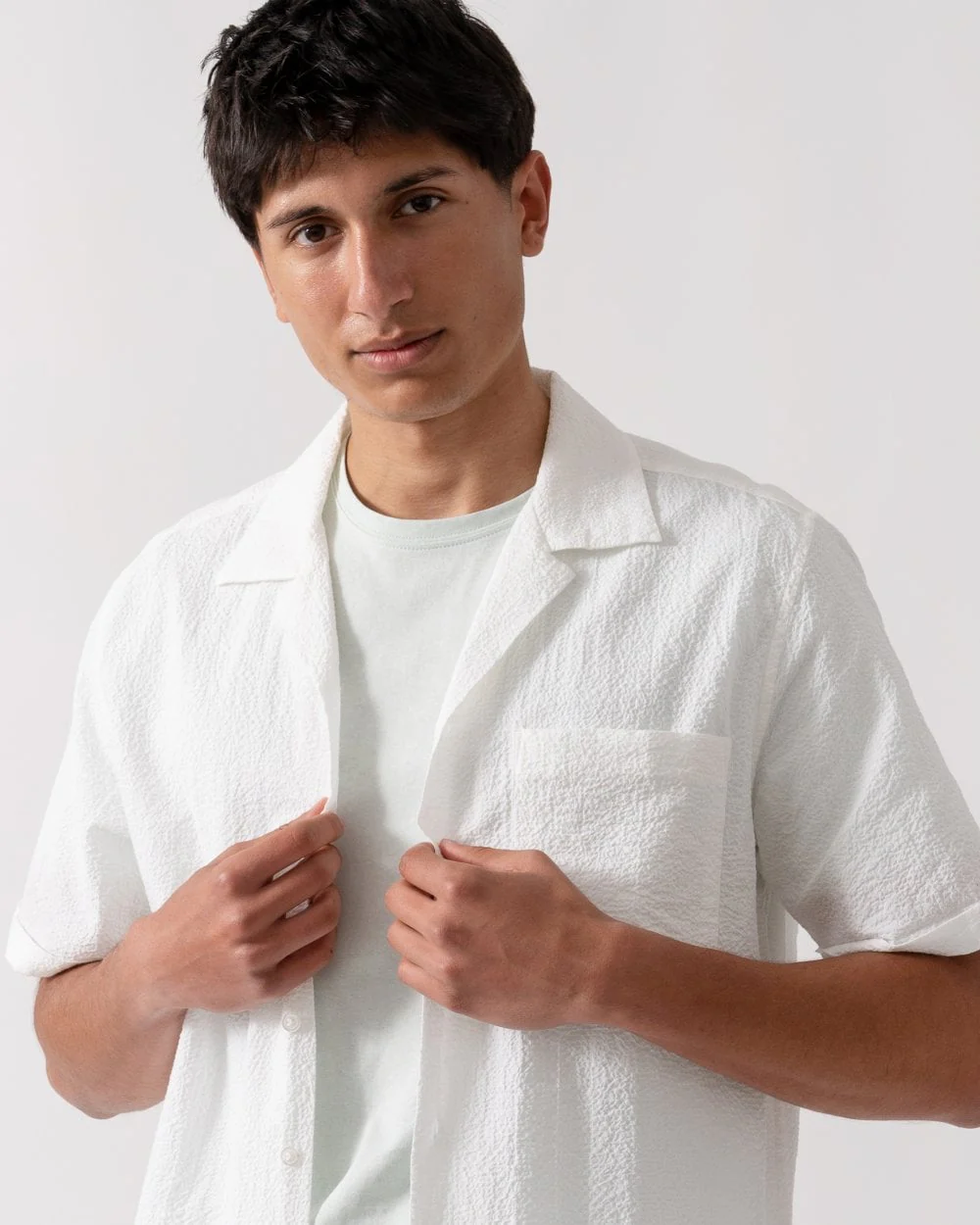 Oliver Sweeney Ravenshead Mens Cotton Seersucker Short Sleeved Shirt - White - Image 2