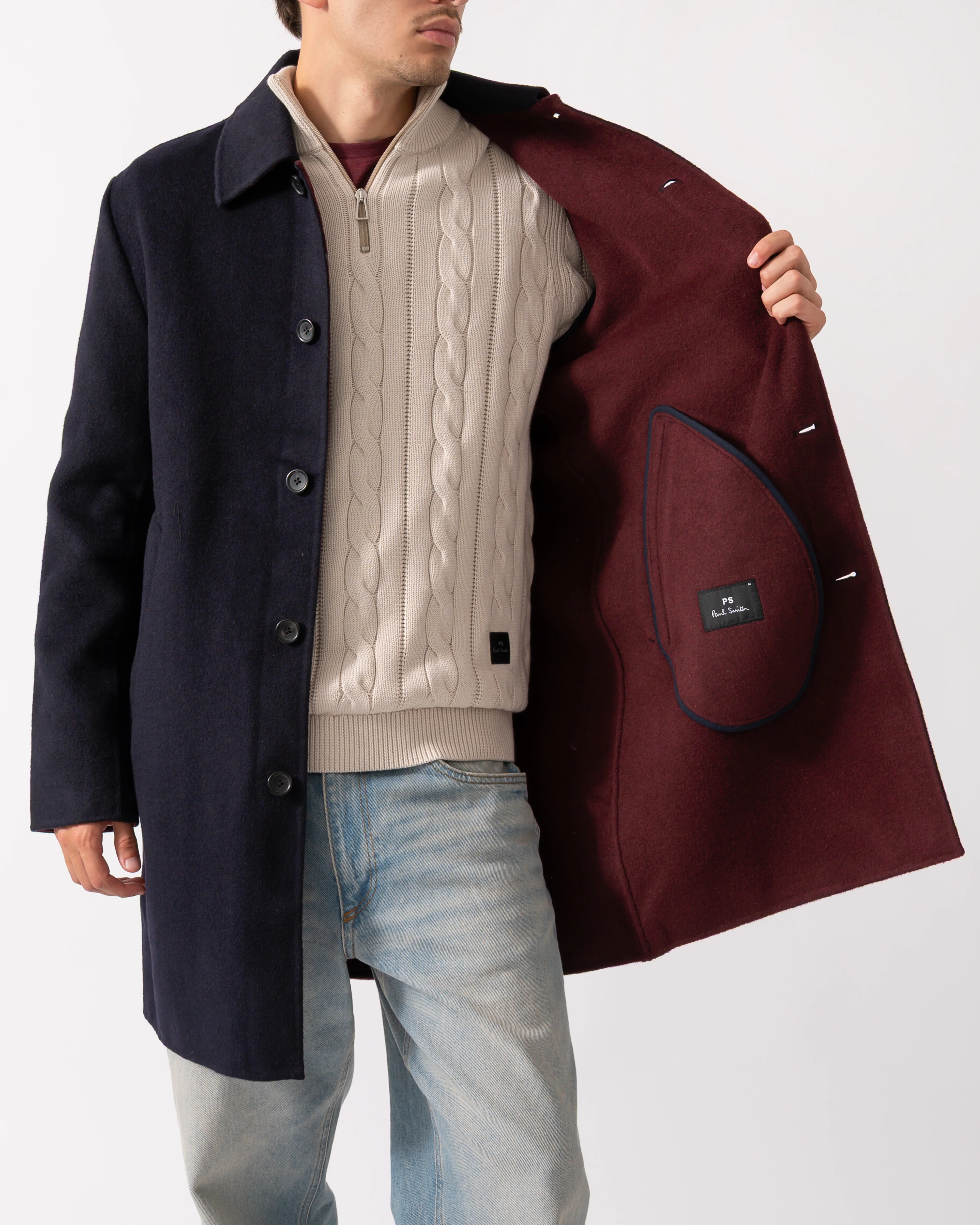 PS Paul Smith Mens Double-Face Wool-Blend Overcoat - 49 Very Dark Navy - Image 5