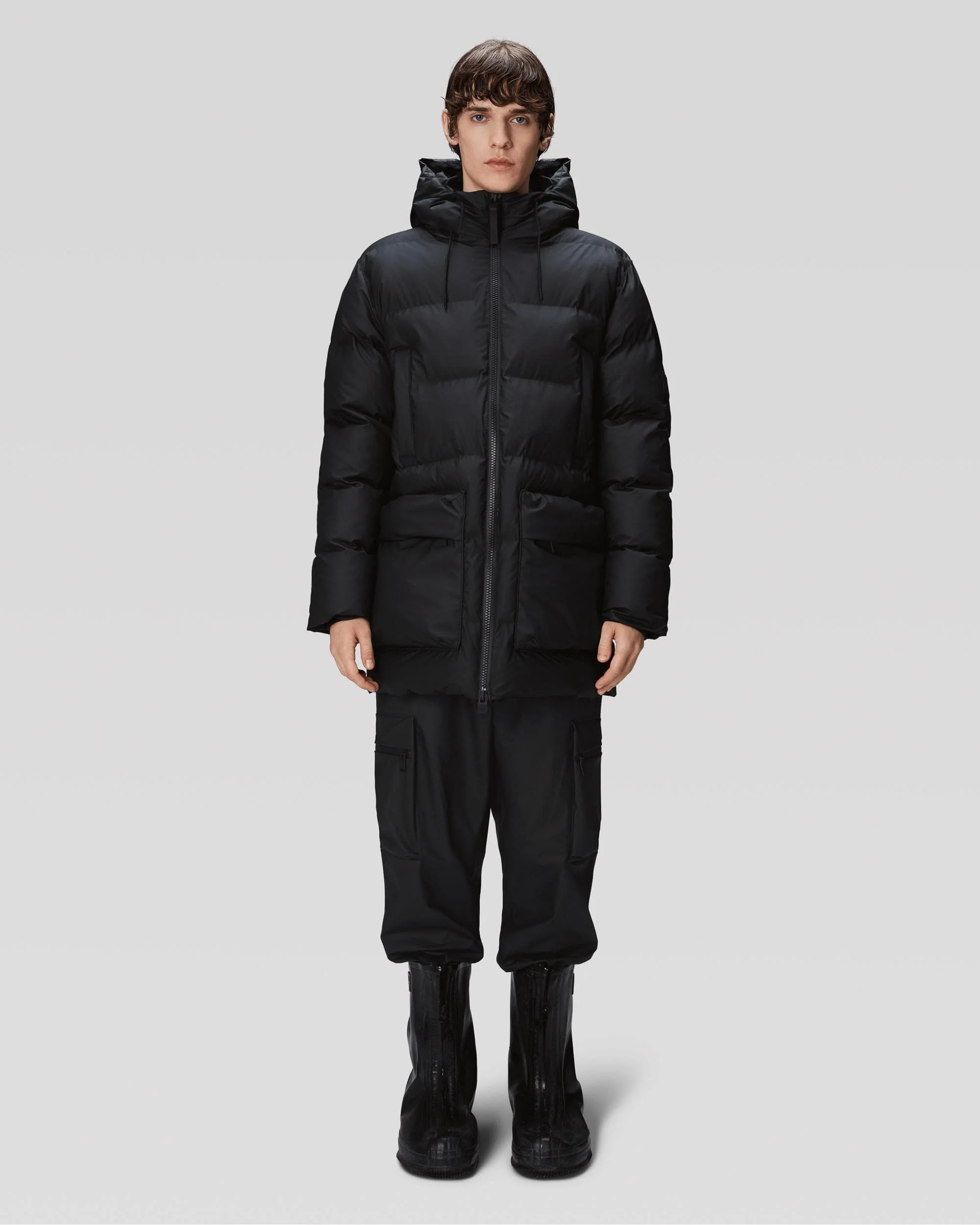 Rains Alta Long Puffer Cargo Jacket - 01 Black - Image 5