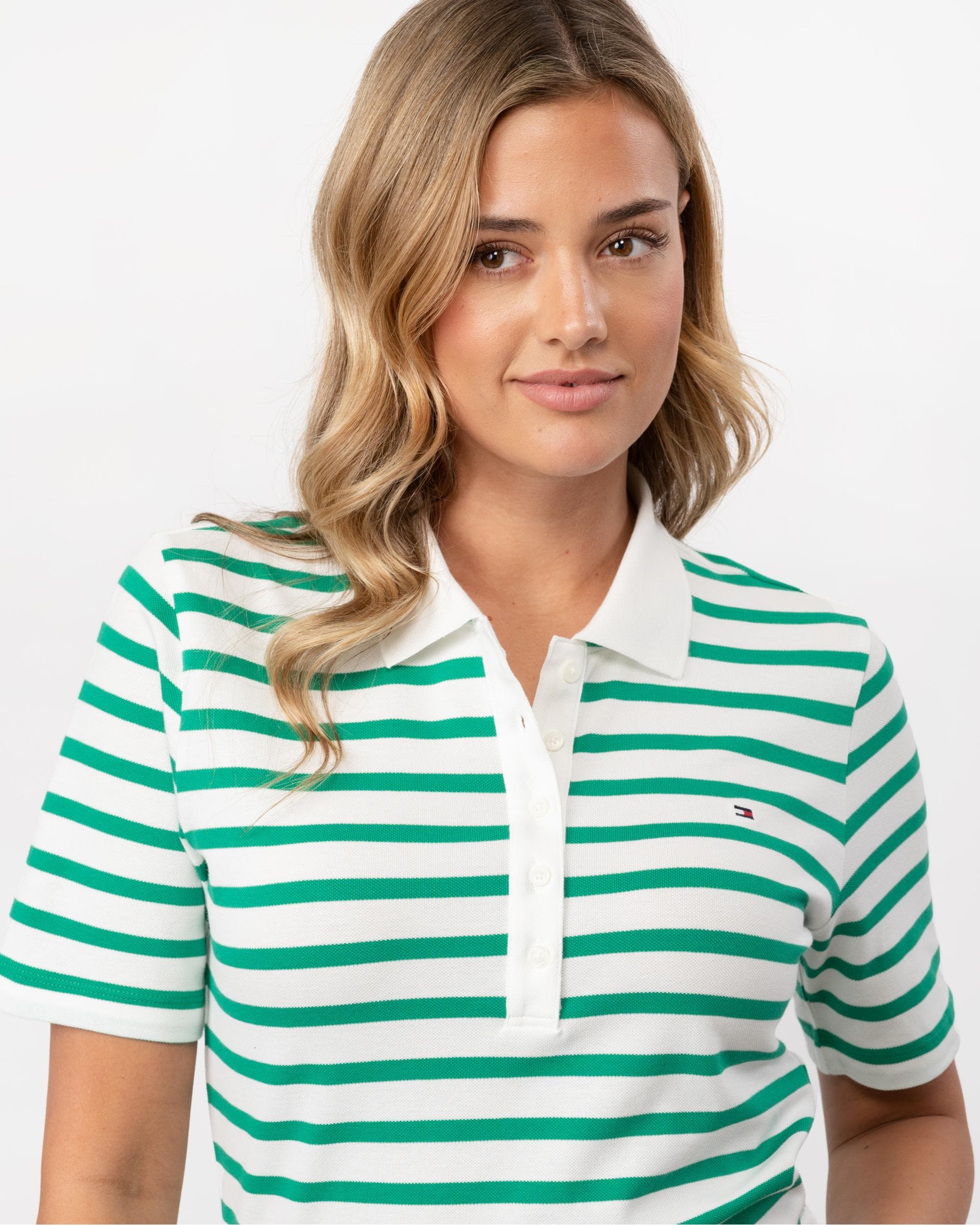 Tommy Hilfiger 1985 Regular Pique Stripe Womens Polo - Breton Ecru/Olympic Green - Image 2