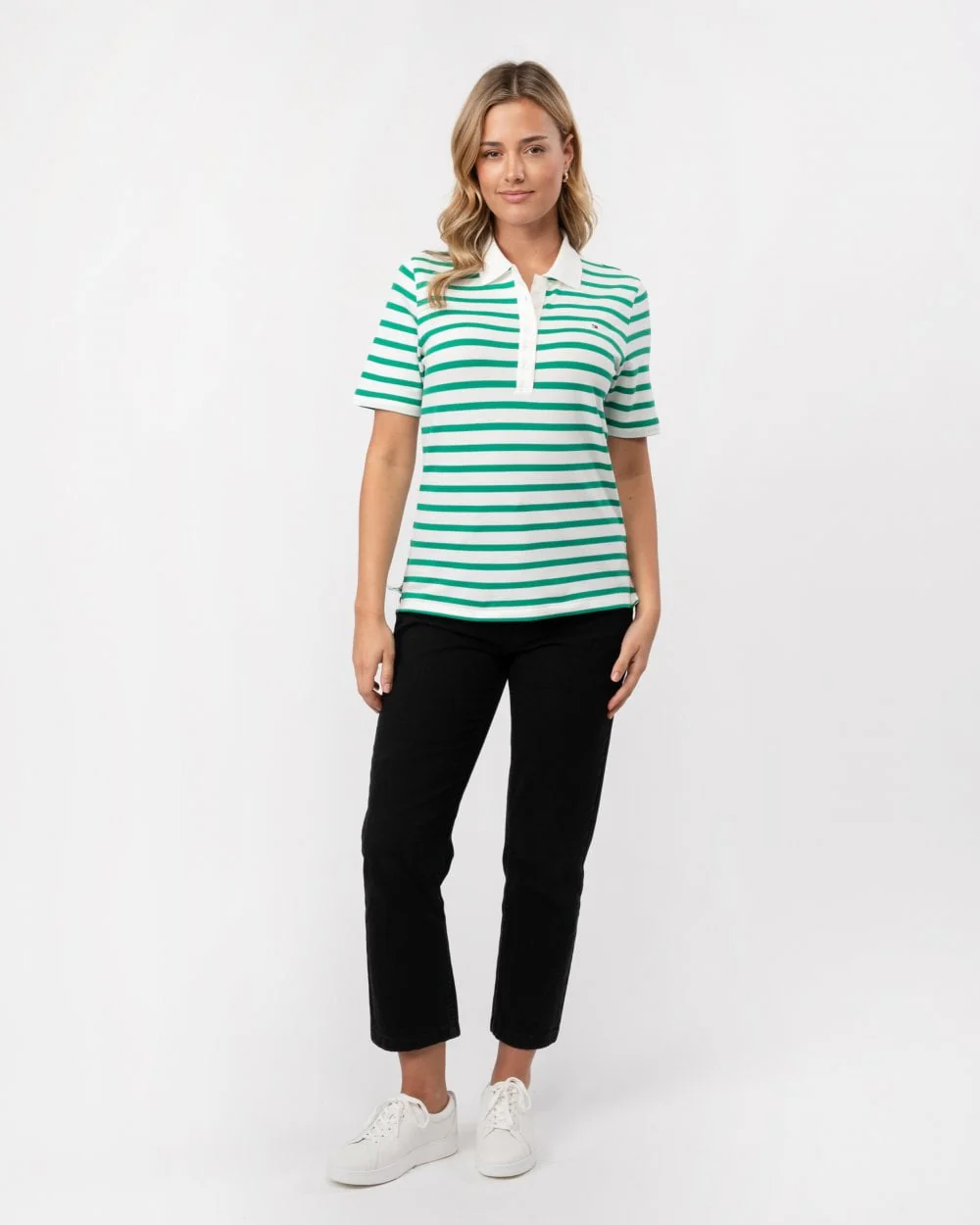 Tommy Hilfiger 1985 Regular Pique Stripe Womens Polo - Breton Ecru/Olympic Green - Image 3
