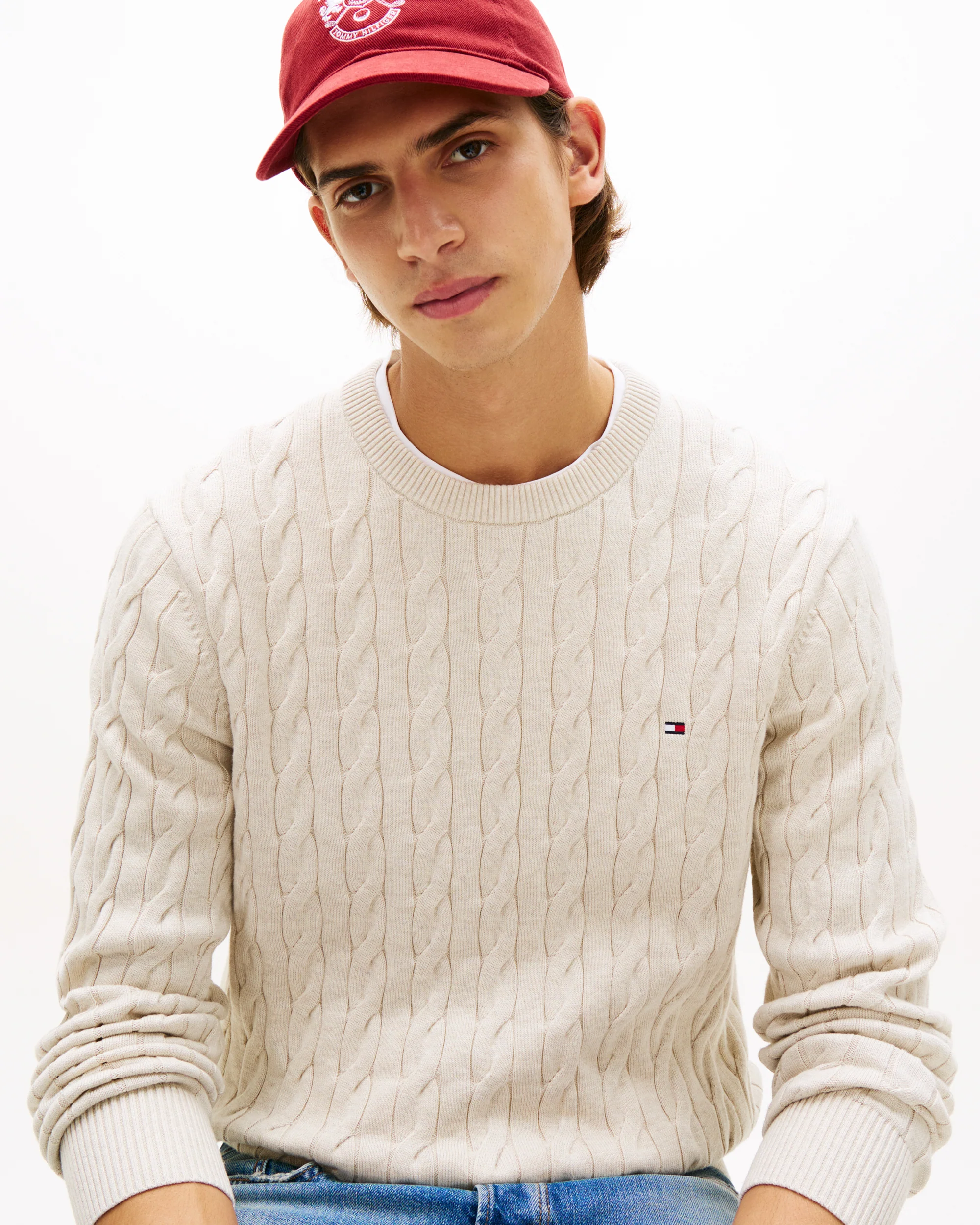 Tommy Hilfiger Classic Cable Mens Crew Jumper - Heathered Oatmilk - Image 2