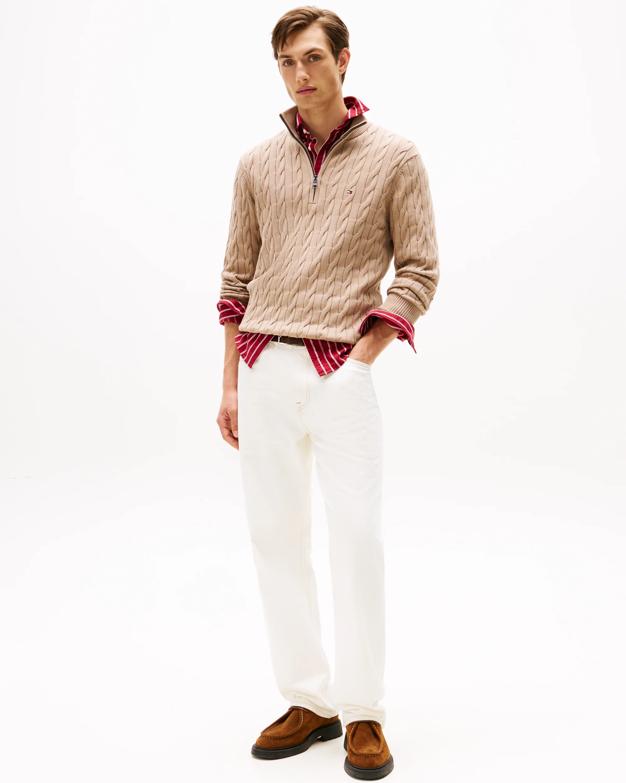 Tommy Hilfiger Classic Cotton Cable Mens Half Zip Mock Sweatshirt - Coastal Taupe - Image 3