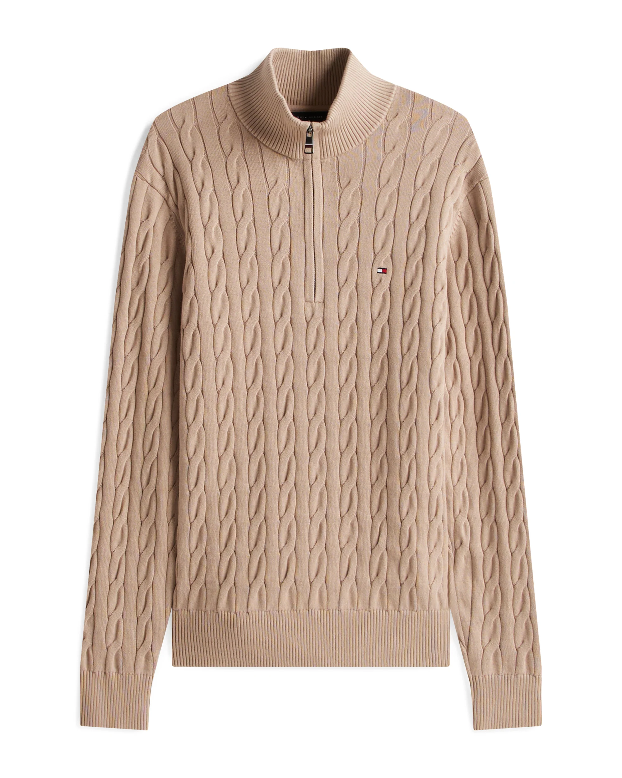 Tommy Hilfiger Classic Cotton Cable Mens Half Zip Mock Sweatshirt - Coastal Taupe - Image 5