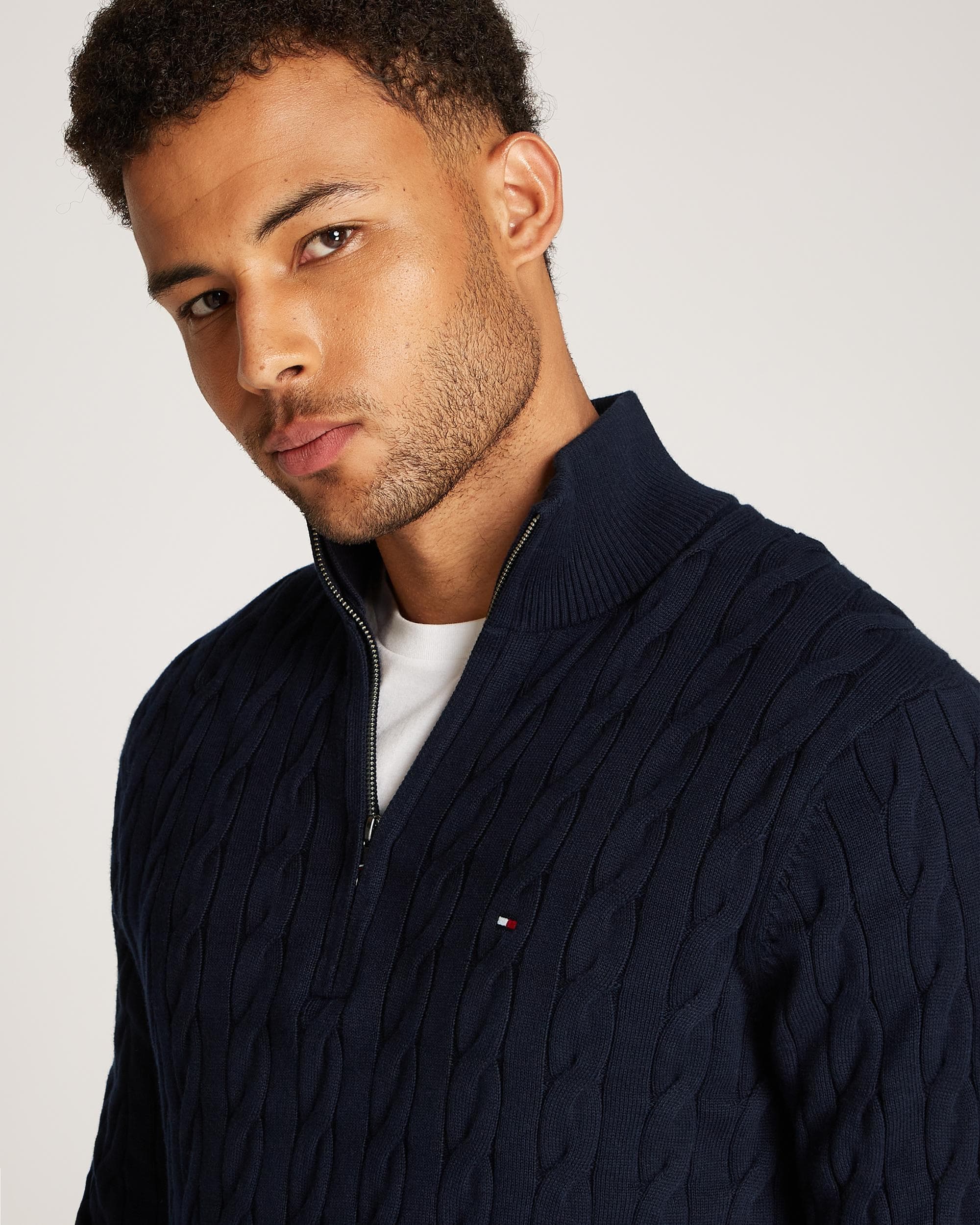 Tommy Hilfiger Classic Cotton Cable Mens Half Zip Mock Sweatshirt - Desert Sky - Image 2