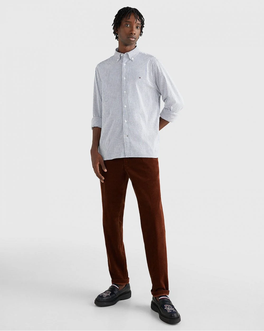 Tommy Hilfiger Core 1985 Flex Stripe Mens Long Sleeve Oxford Shirt - Carbon Navy / White - Image 3