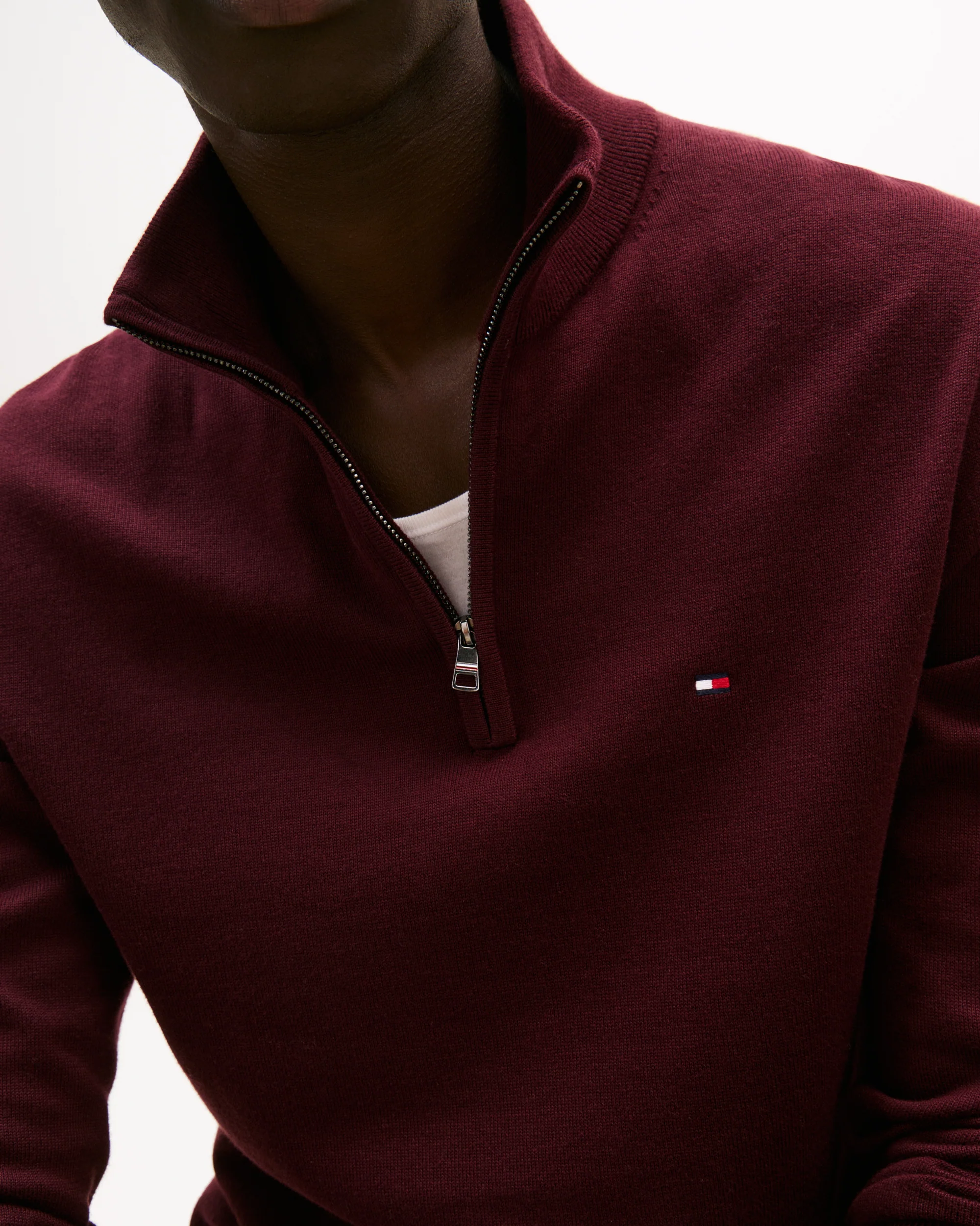 Tommy Hilfiger Essential Cotton 1/4 Zip Mock Mens Sweatshirt - Deep Burgundy - Image 2