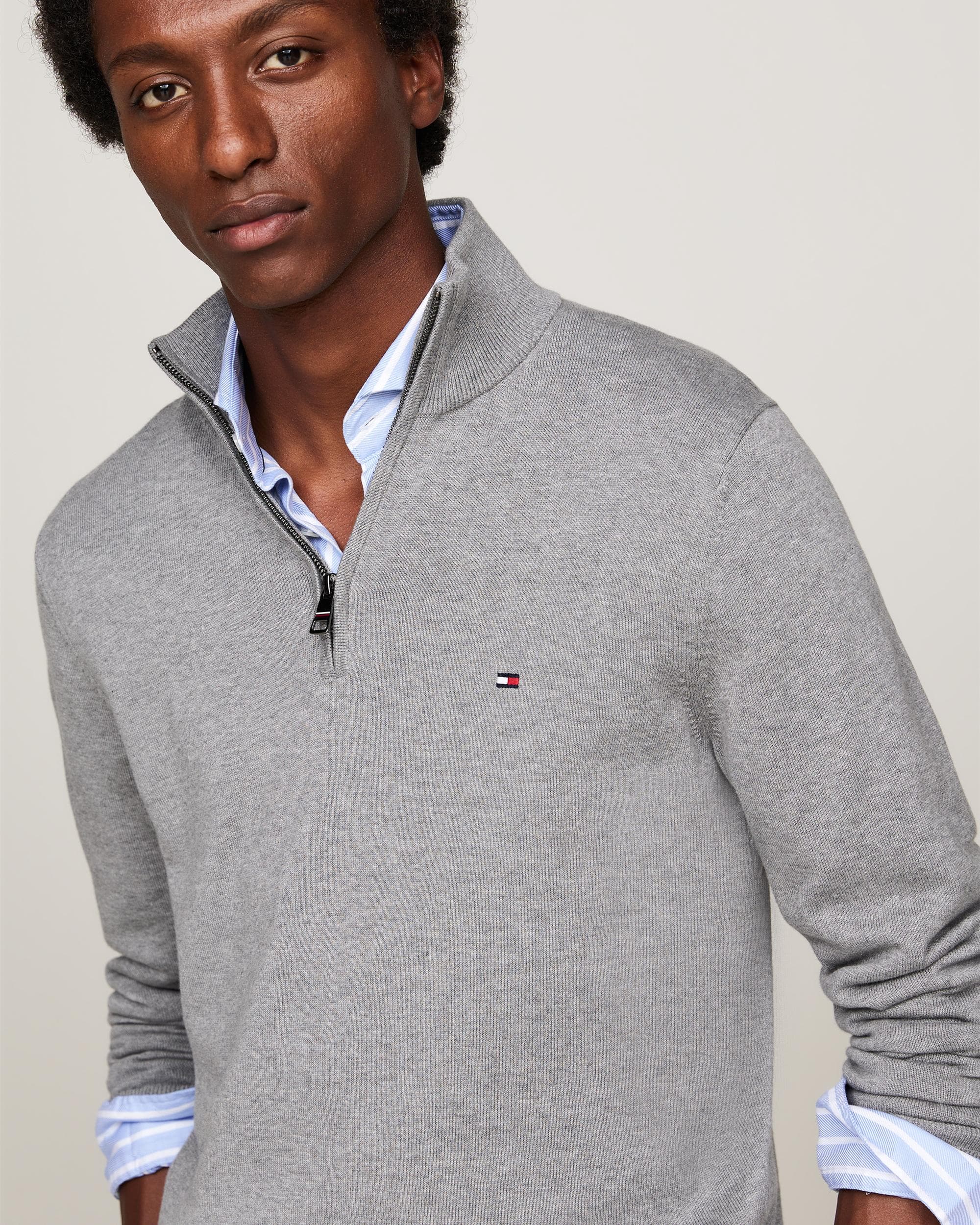 Tommy Hilfiger Essential Cotton 1/4 Zip Mock Mens Sweatshirt - Medium Grey Heather - Image 2