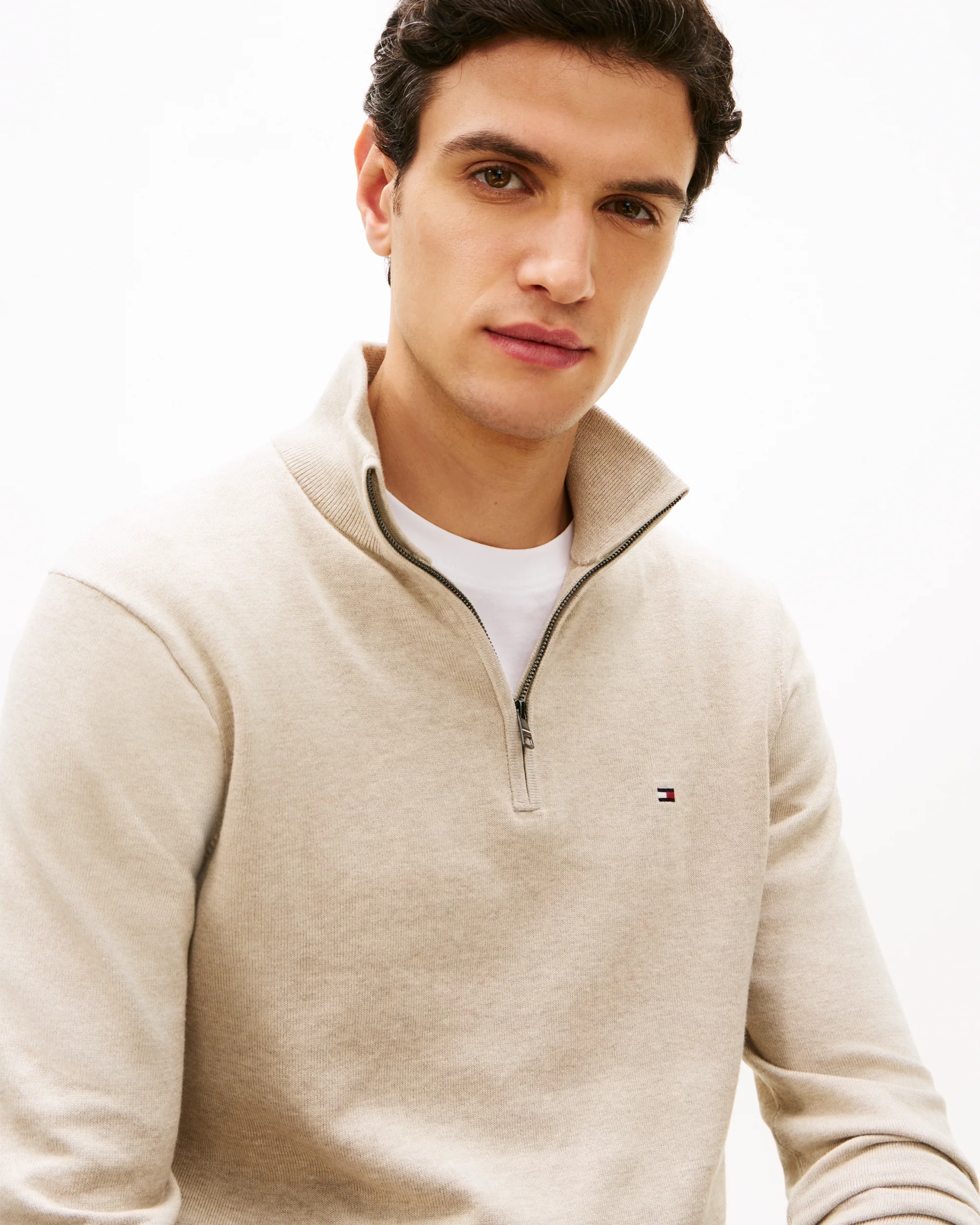 Tommy Hilfiger Essential Cotton 1/4 Zip Mock Mens Sweatshirt - Sandalwood Heather - Image 2