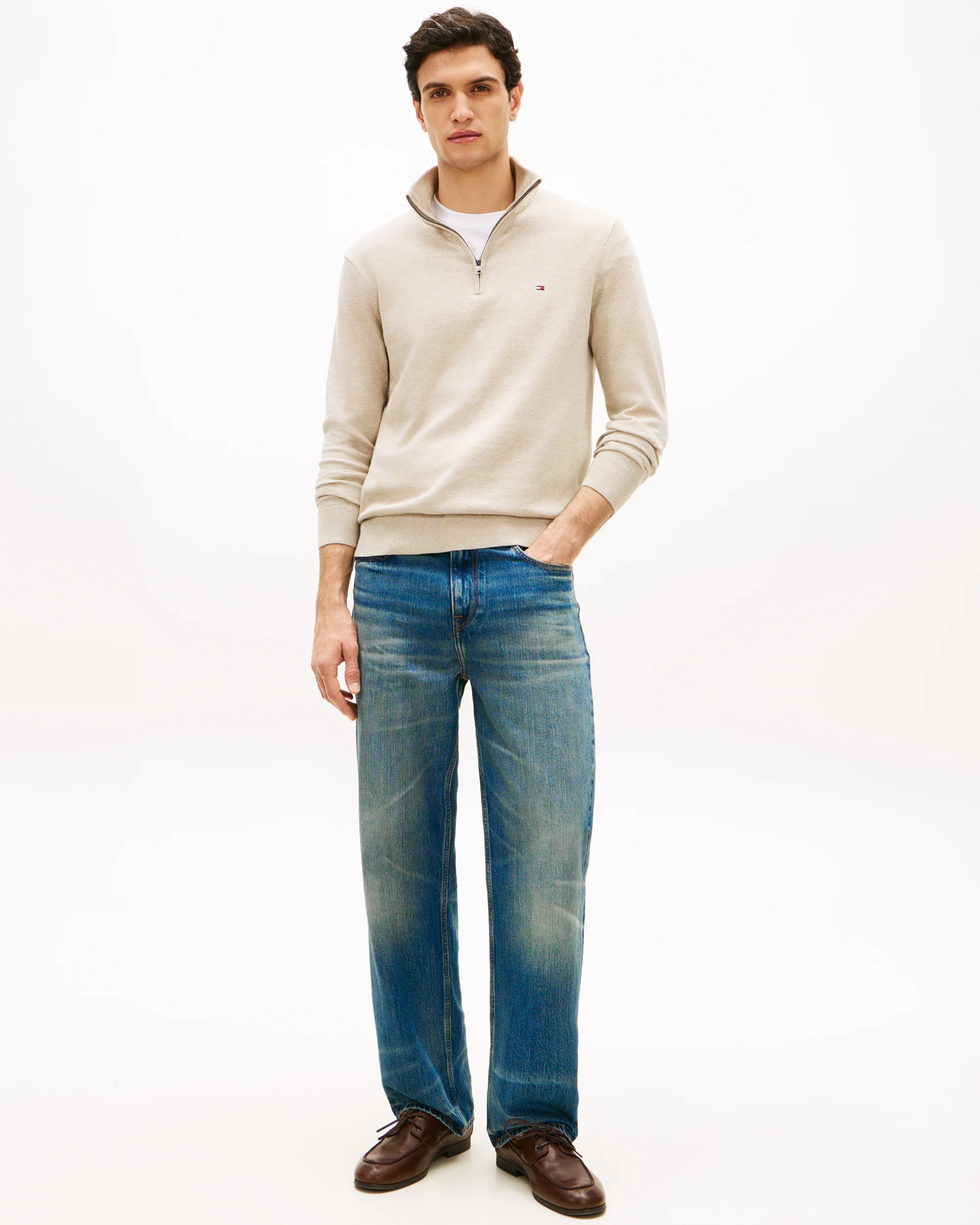 Tommy Hilfiger Essential Cotton 1/4 Zip Mock Mens Sweatshirt - Sandalwood Heather - Image 3