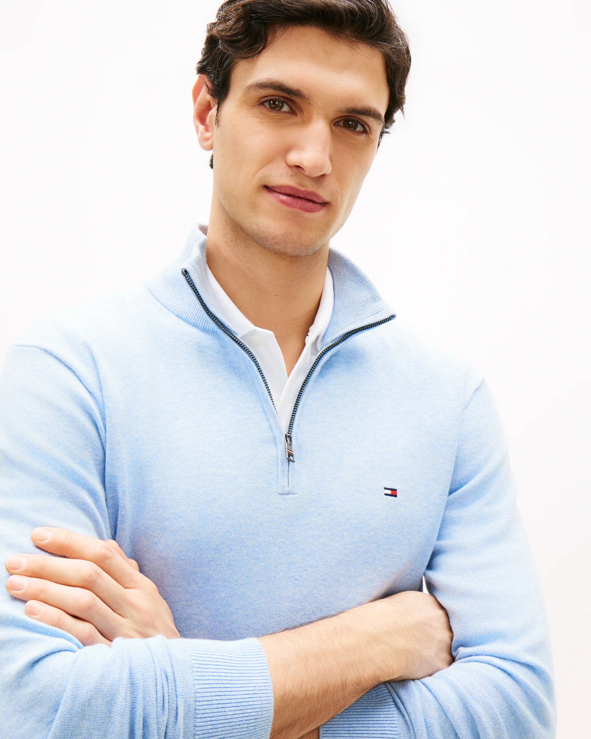 Tommy Hilfiger Essential Cotton 1/4 Zip Mock Mens Sweatshirt - Vessel Blue Heather - Image 2