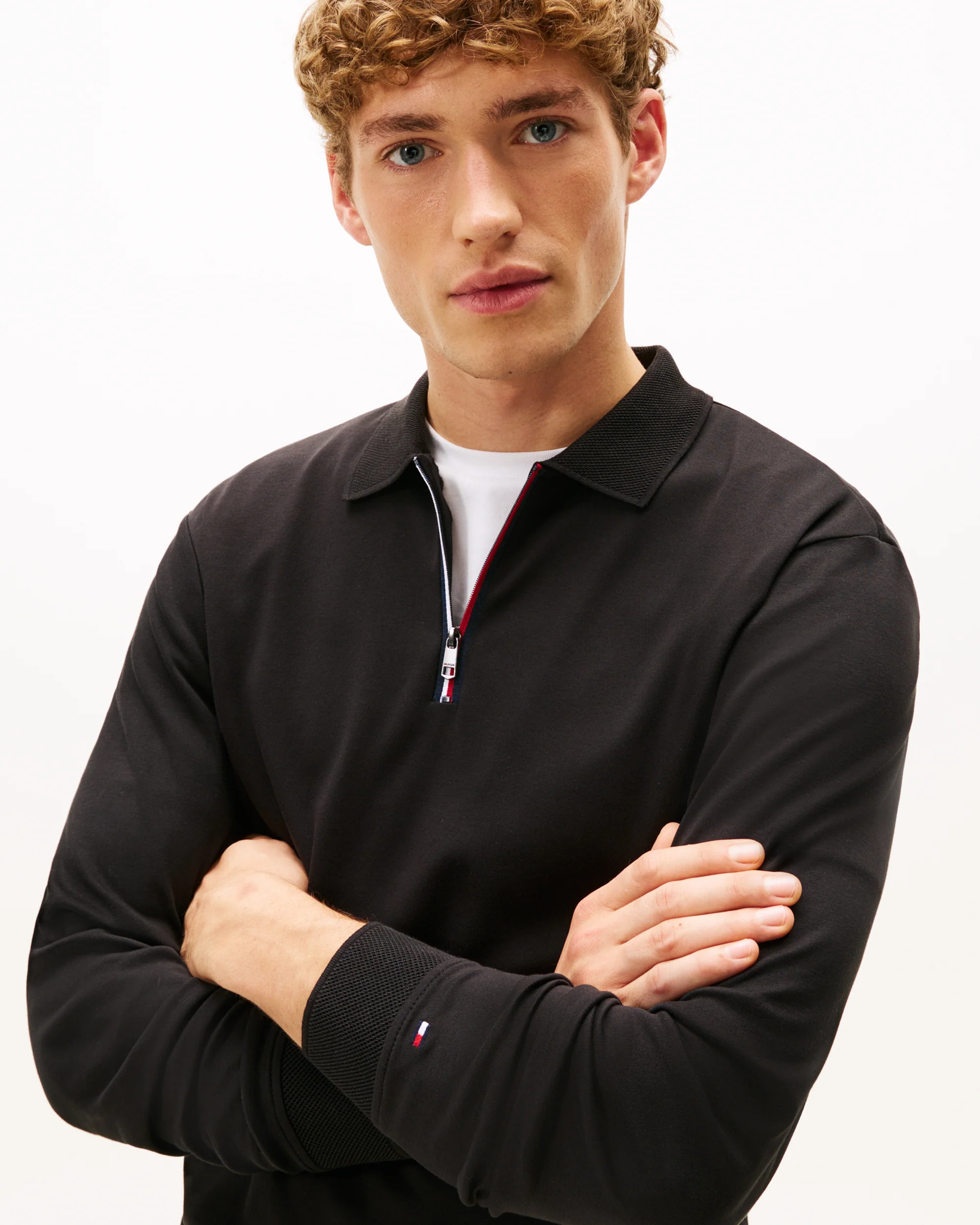 Tommy Hilfiger Interlock Mens Long Sleeve Zip Polo - Black - Image 2