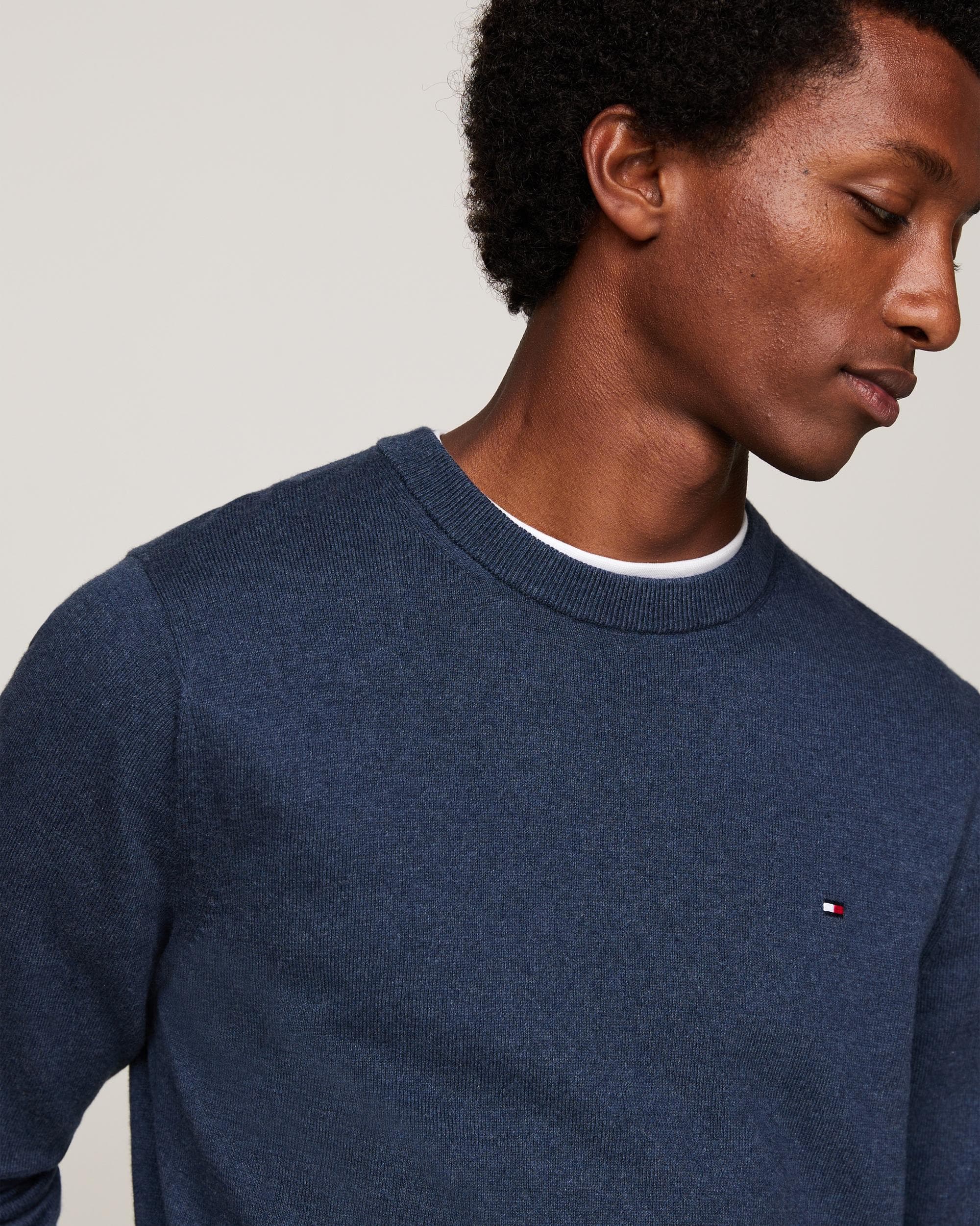 Tommy Hilfiger Organic Cotton Cashmere Mens Crew Sweater - Aegean Sea Heather - Image 2