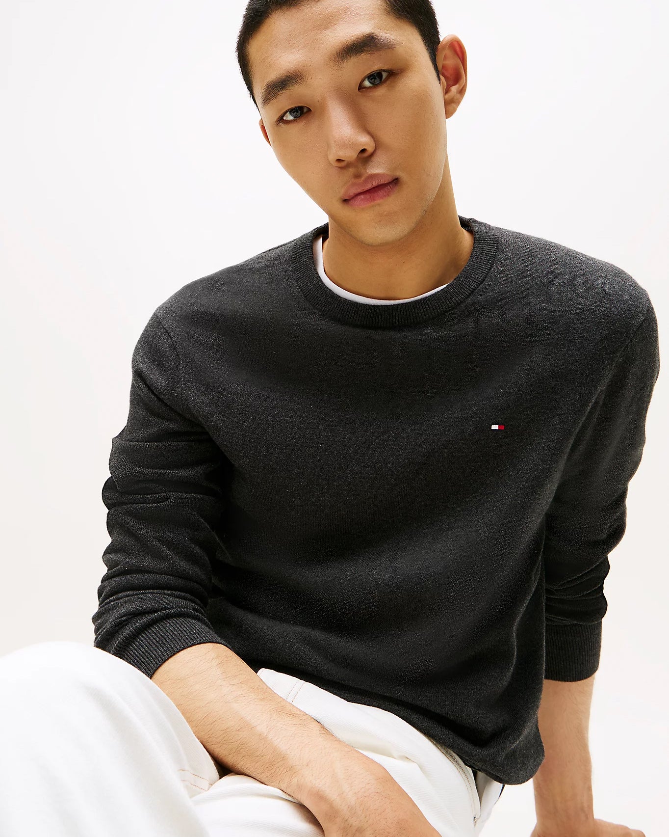 Tommy Hilfiger Organic Cotton Cashmere Mens Crew Sweater - Dark Grey Heather - Image 2
