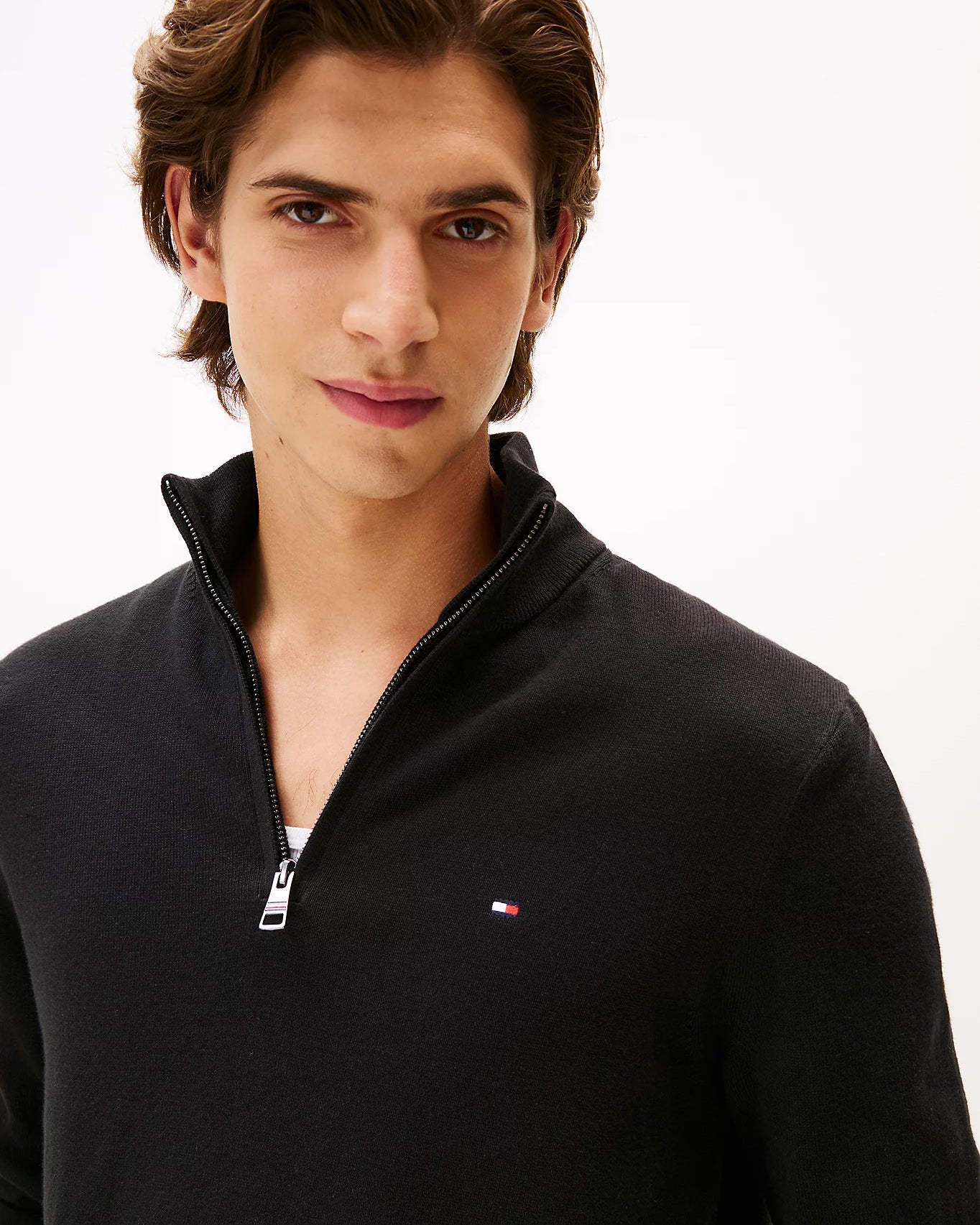 Tommy Hilfiger Organic Cotton Cashmere Mens Zip-Mock Sweater - Black - Image 2