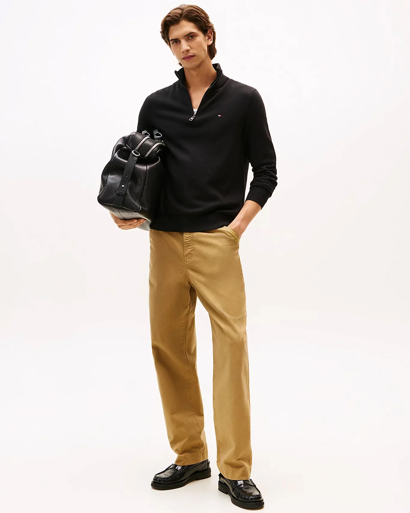 Tommy Hilfiger Organic Cotton Cashmere Mens Zip-Mock Sweater - Black - Image 3