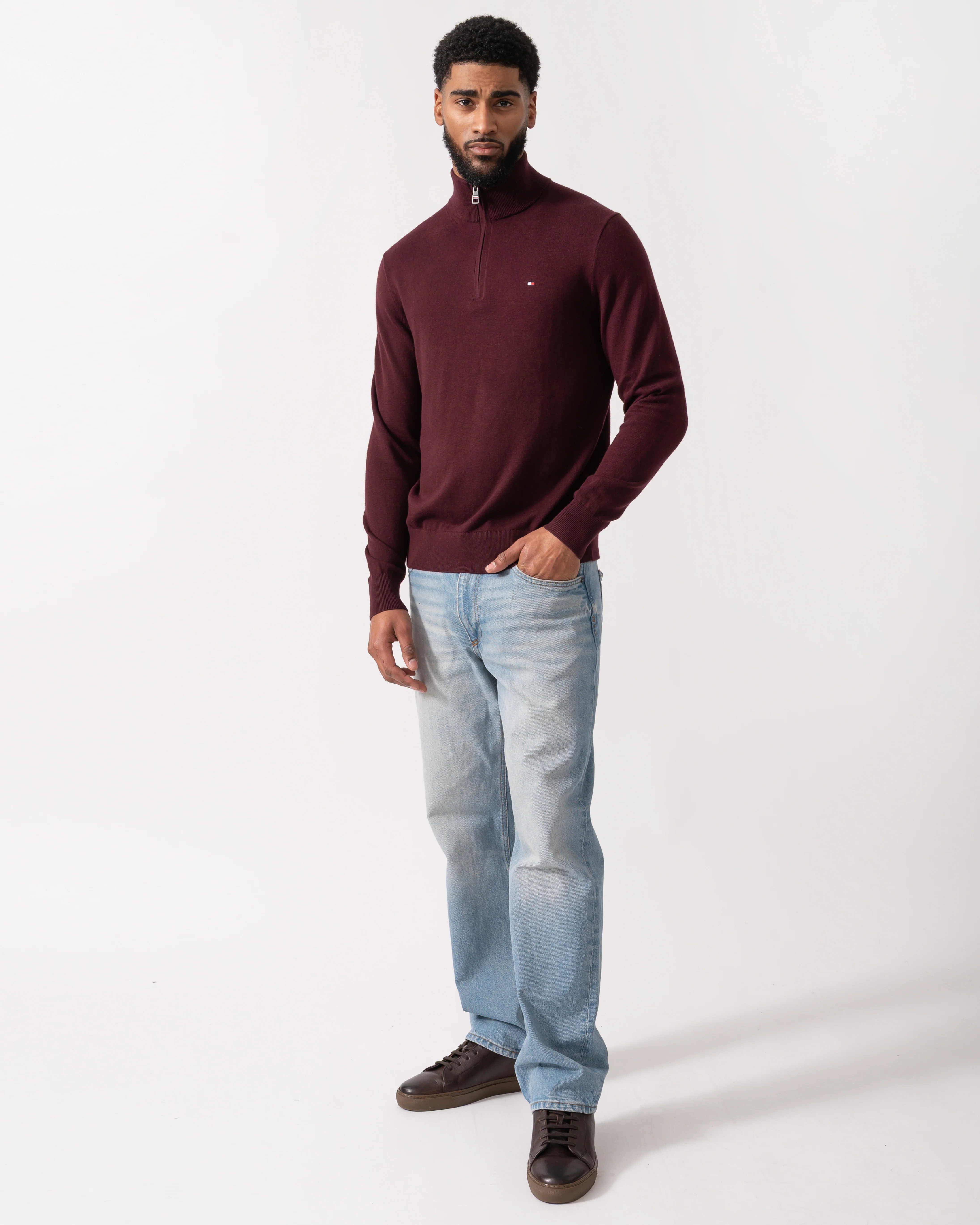 Tommy Hilfiger Organic Cotton Cashmere Mens Zip-Mock Sweater - Deep Burgundy - Image 2