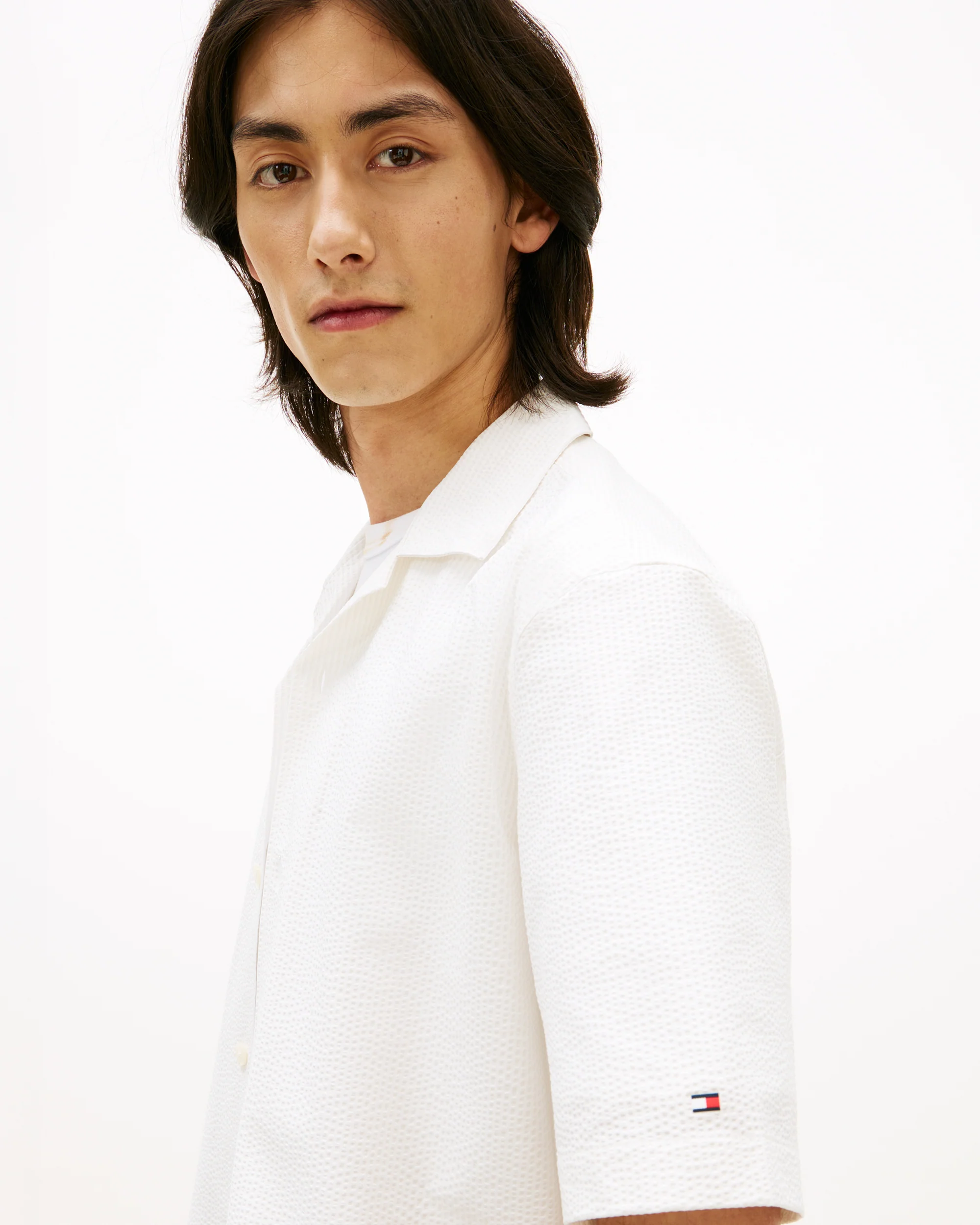 Tommy Hilfiger Performance Seersucker Mens Short Sleeve Shirt - Ivory Petal/Ecru Stripe - Image 2