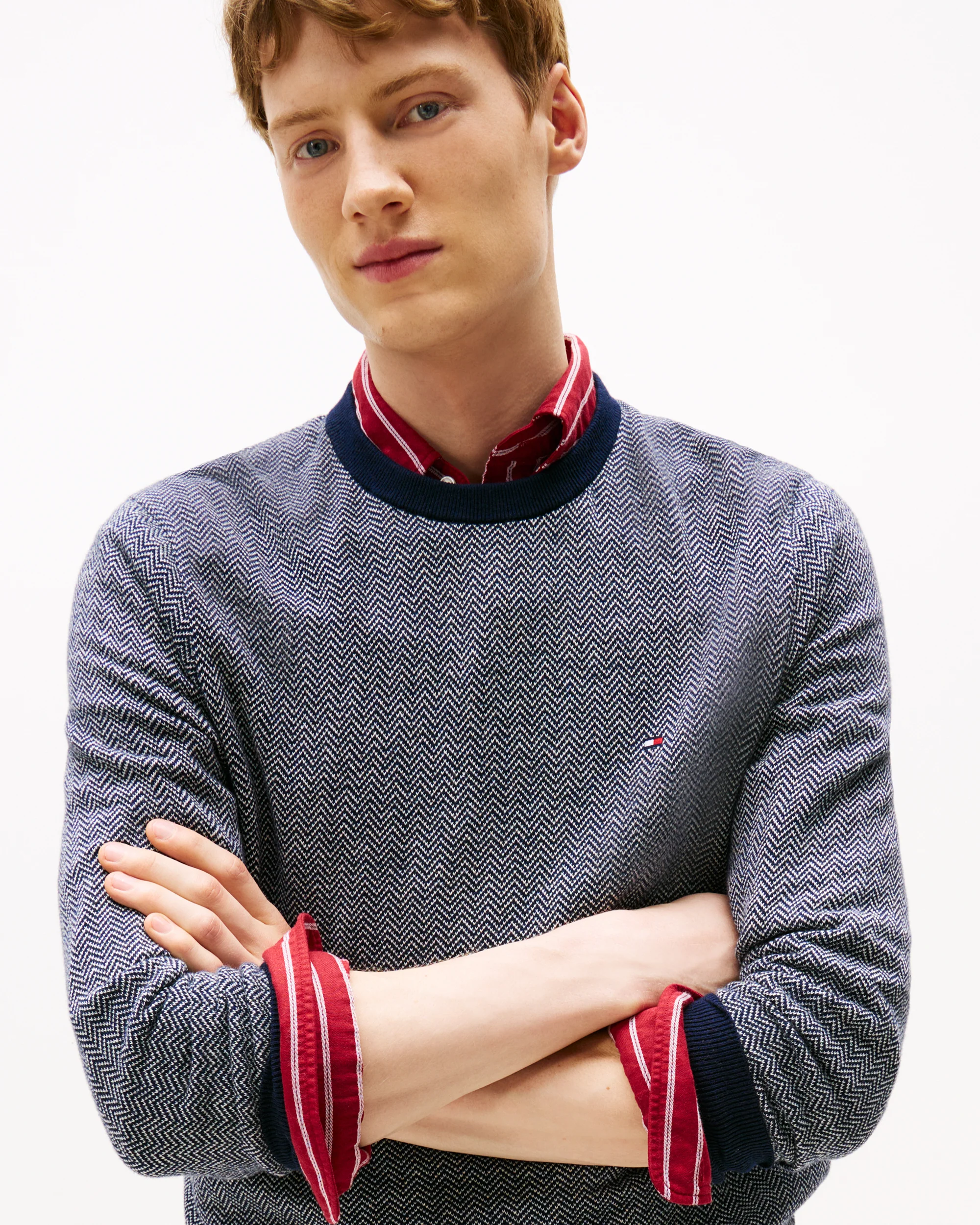 Tommy Hilfiger Pima Cotton Cashmere Herringbone Mens Crew Jumper - Desert Sky/Ivory Petal - Image 2