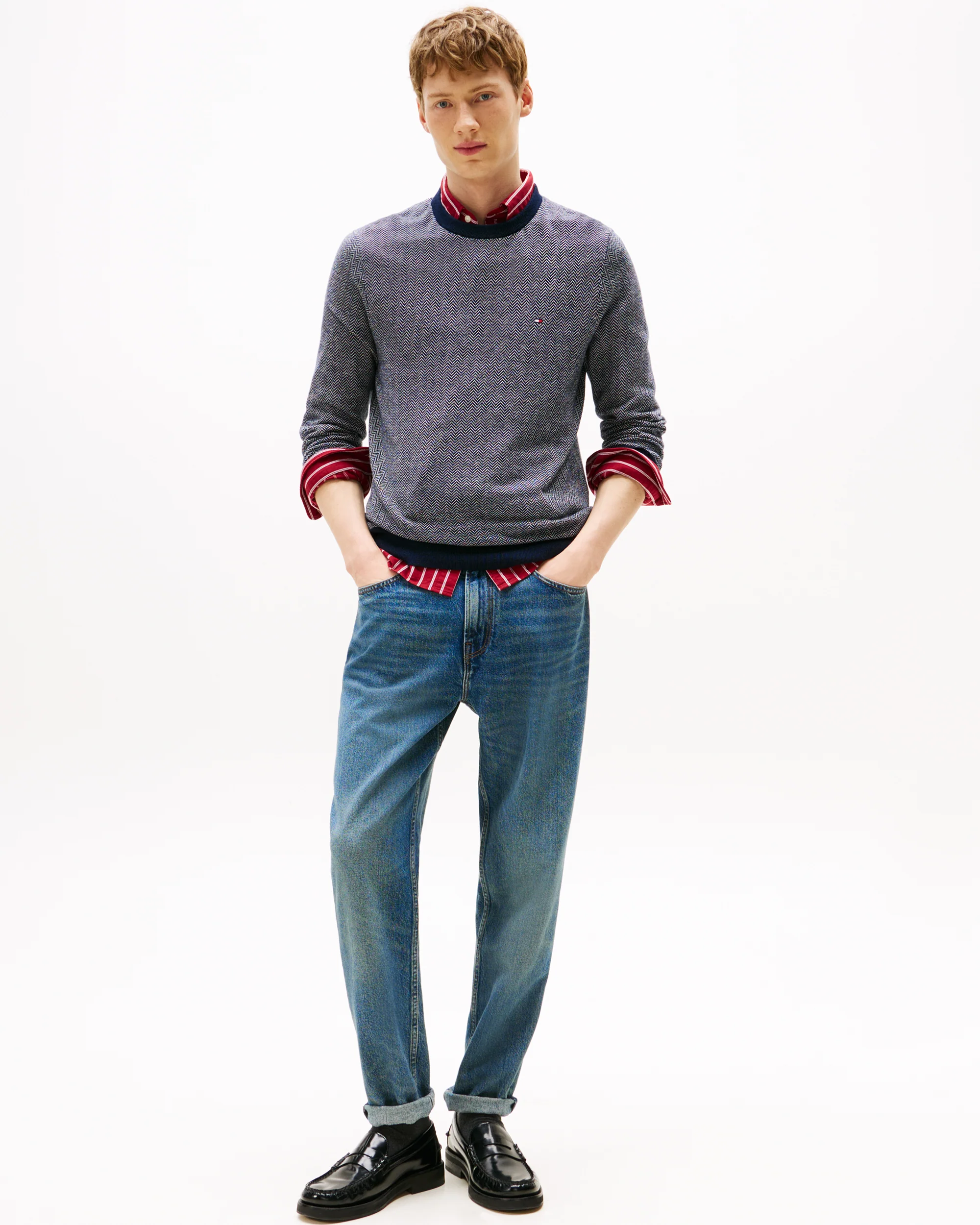 Tommy Hilfiger Pima Cotton Cashmere Herringbone Mens Crew Jumper - Desert Sky/Ivory Petal - Image 3