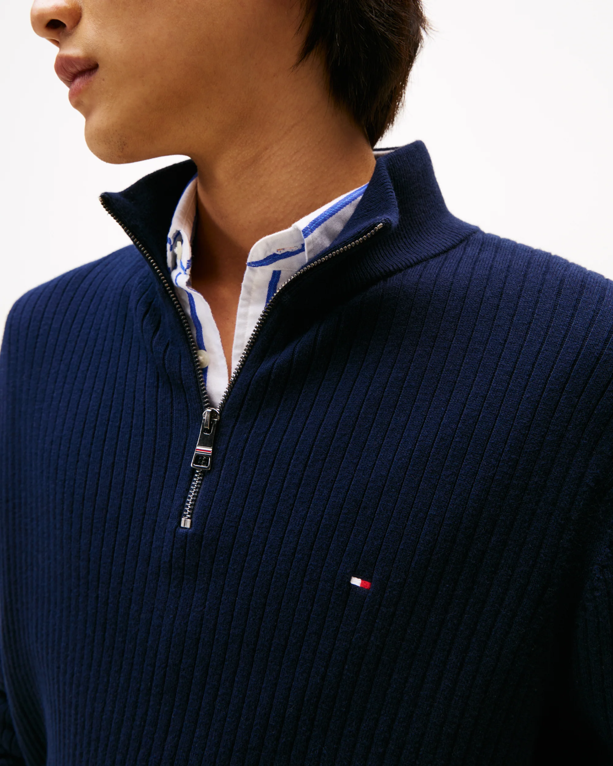 Tommy Hilfiger Pima Cotton Cashmere Structure Half-Zip Mens Mock Neck Jumper - Desert Sky - Image 2