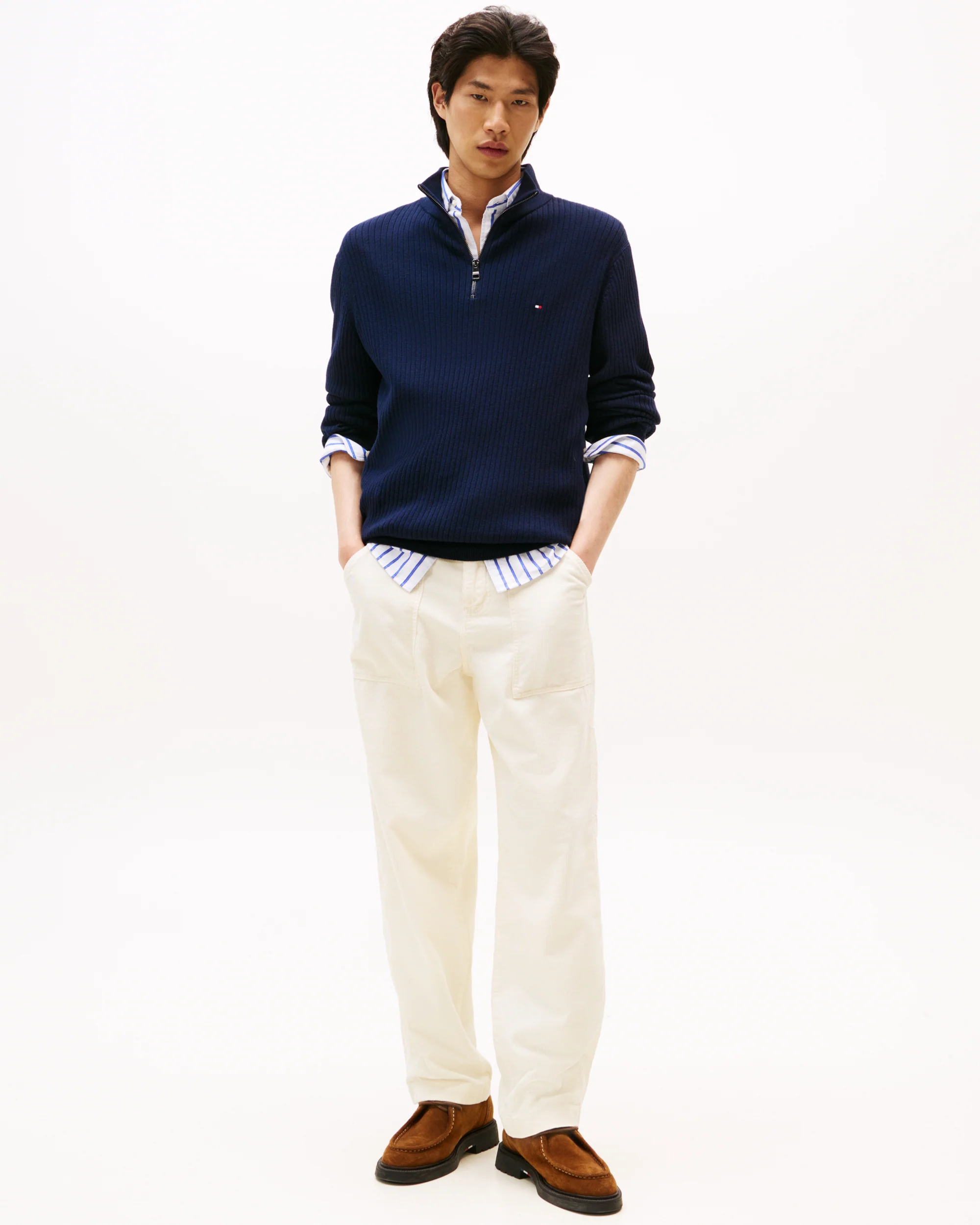 Tommy Hilfiger Pima Cotton Cashmere Structure Half-Zip Mens Mock Neck Jumper - Desert Sky - Image 3