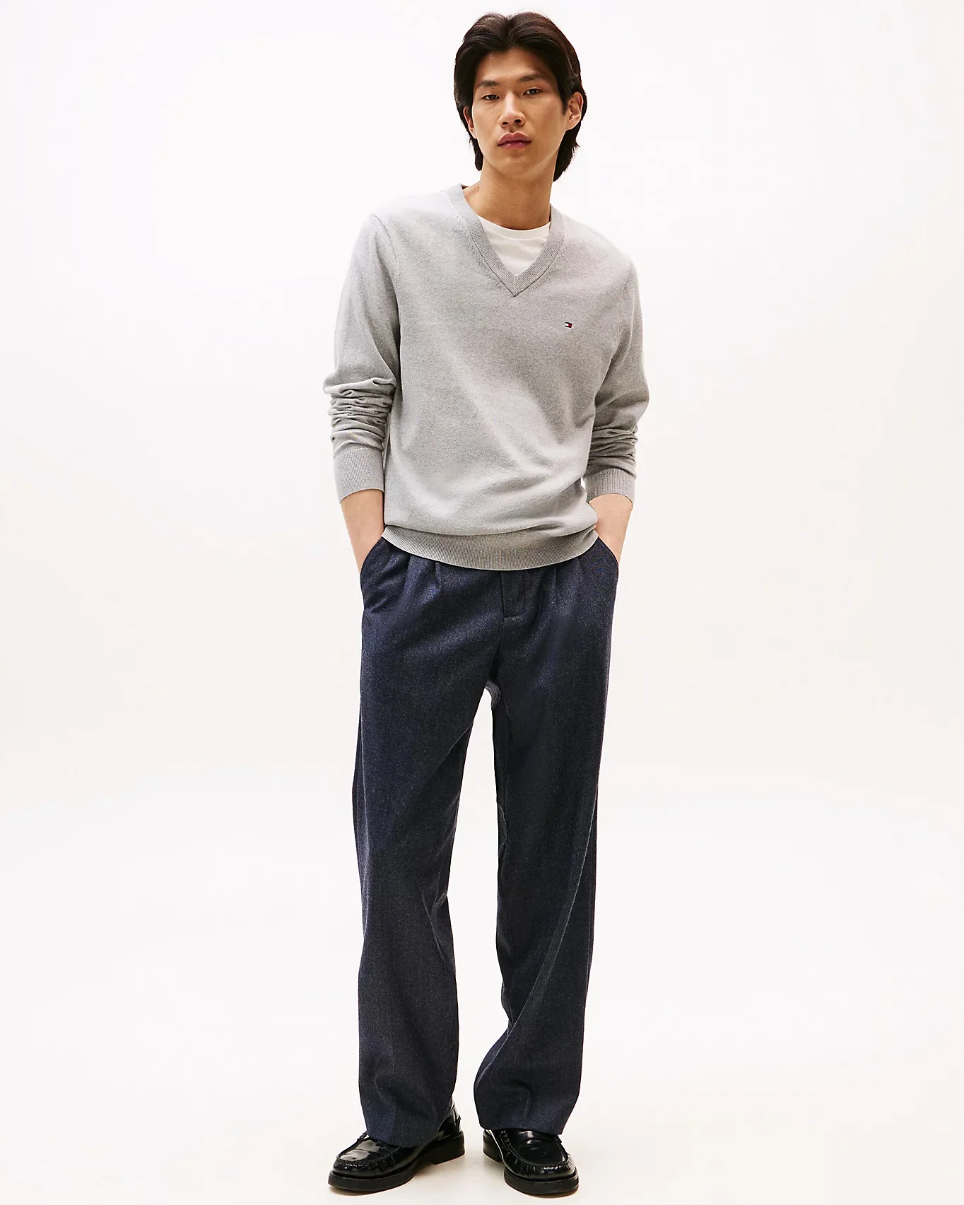 Tommy Hilfiger Pima Organic Cotton Mens Cashmere V-Neck Jumper - Light Grey Heather - Image 3